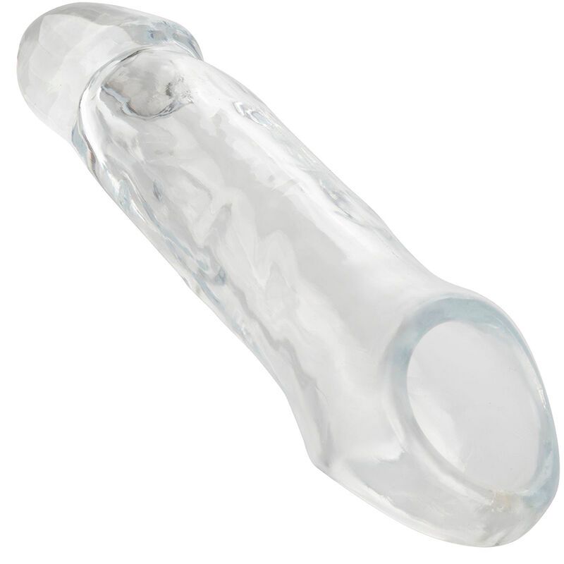 Transparente Penisverlängerung. Schräge Ansicht. Längliche Form mit abgerundeter Spitze und Öffnung am unteren Ende.