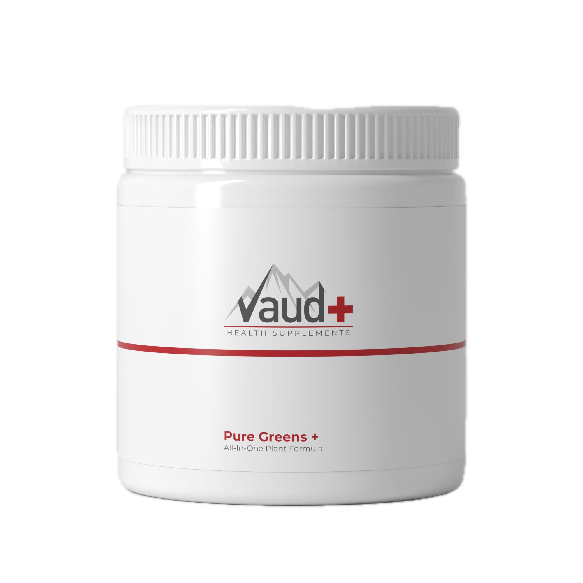 Weiße Dose mit Schraubverschluss. Roter Streifen und Schriftzug "Vaud+". Text: "Pure Greens + All-In-One Plant Formula".