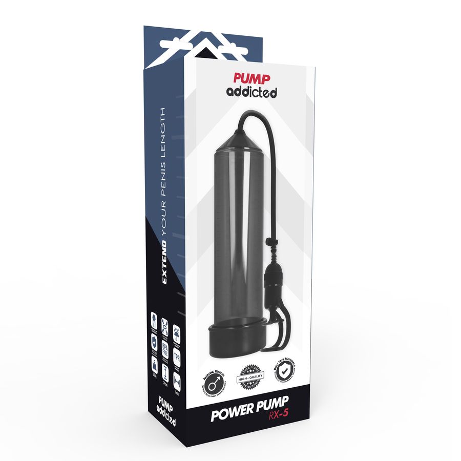 Verpackung mit schwarzer Pumpe. Aufschrift: Pump Addicted, Power Pump RX-5. Text: Extend your penis length.