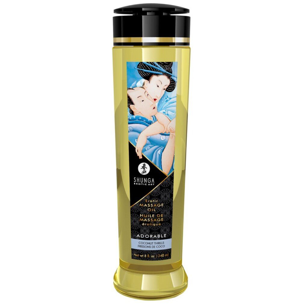 Zylindrische Flasche mit schwarzem Deckel. Etikett mit Abbildung und Text: Shunga, Erotic Massage Oil, Adorable.