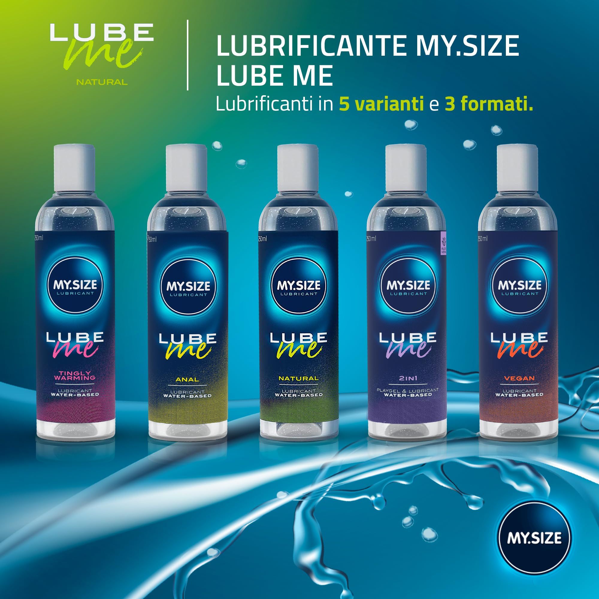 Fünf MY.SIZE Lube Me Gleitgel Flaschen in verschiedenen Varianten.