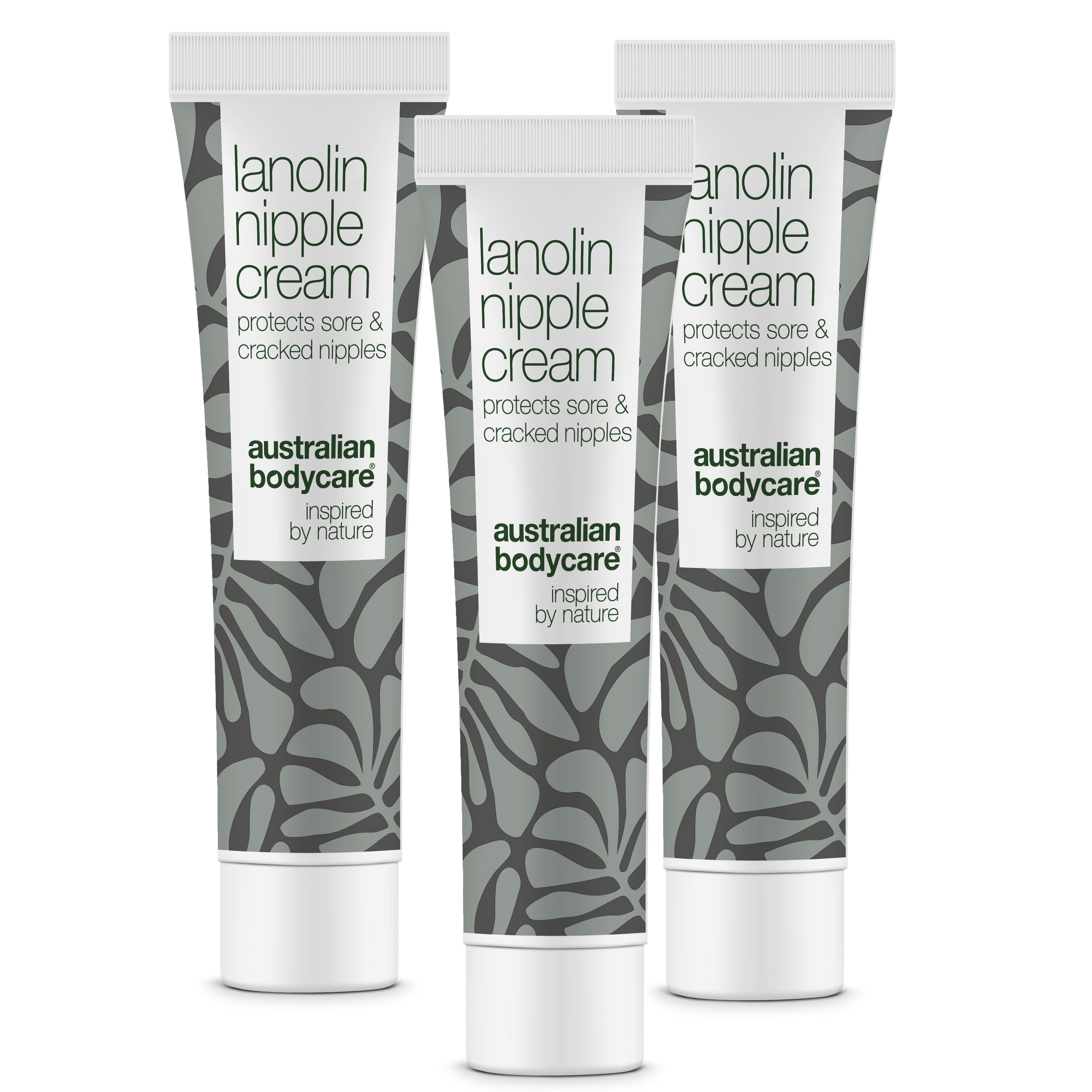 Drei Tuben Lanolin-Brustwarzencreme. Weiß-graues Design, Blättermuster. Text: Lanolin Nipple Cream, Australian Bodycare.