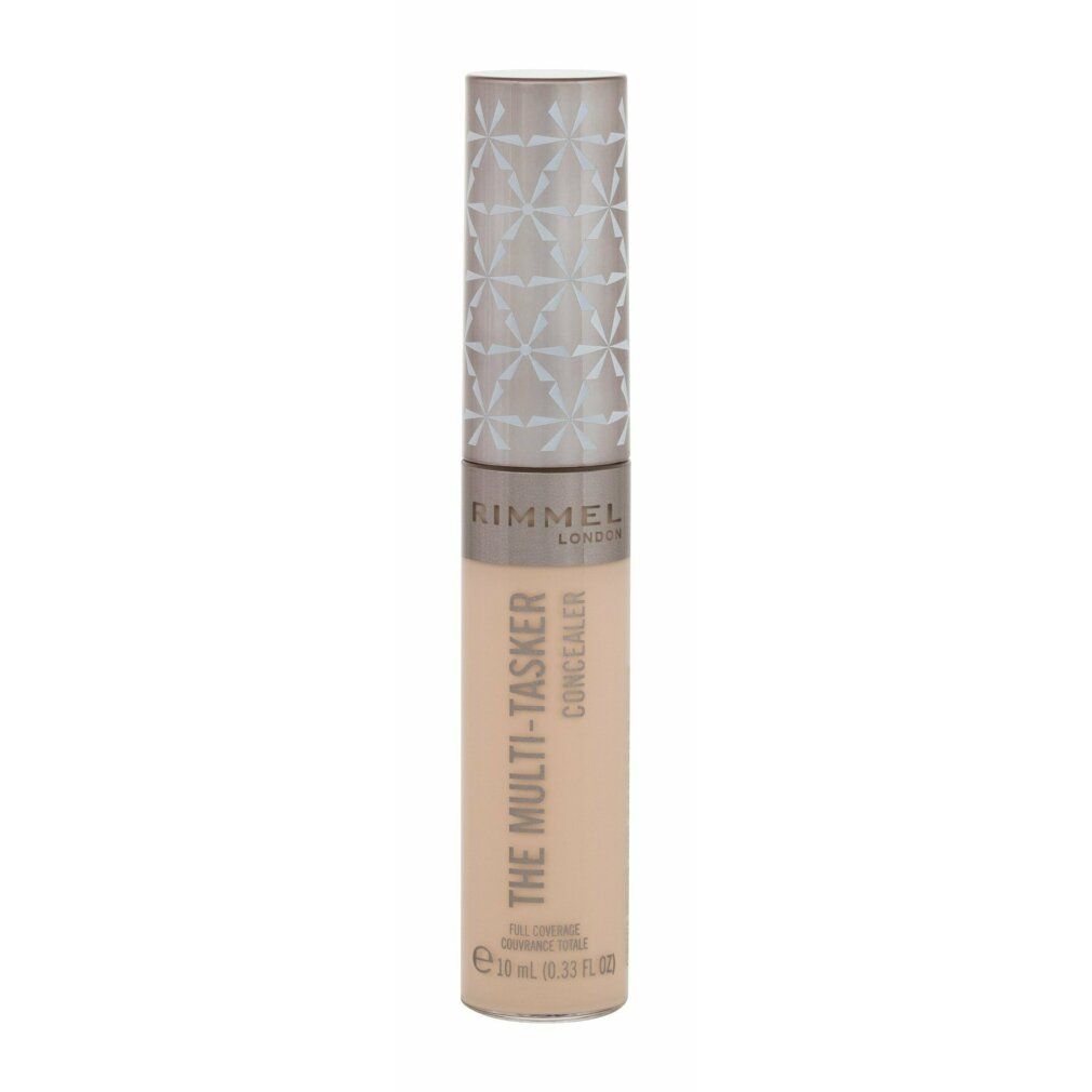 Concealer-Tube mit silberfarbenem Deckel. Aufschrift: Rimmel London, THE MULTI-TASKER CONCEALER, 020-Fair. Beige Farbe.
