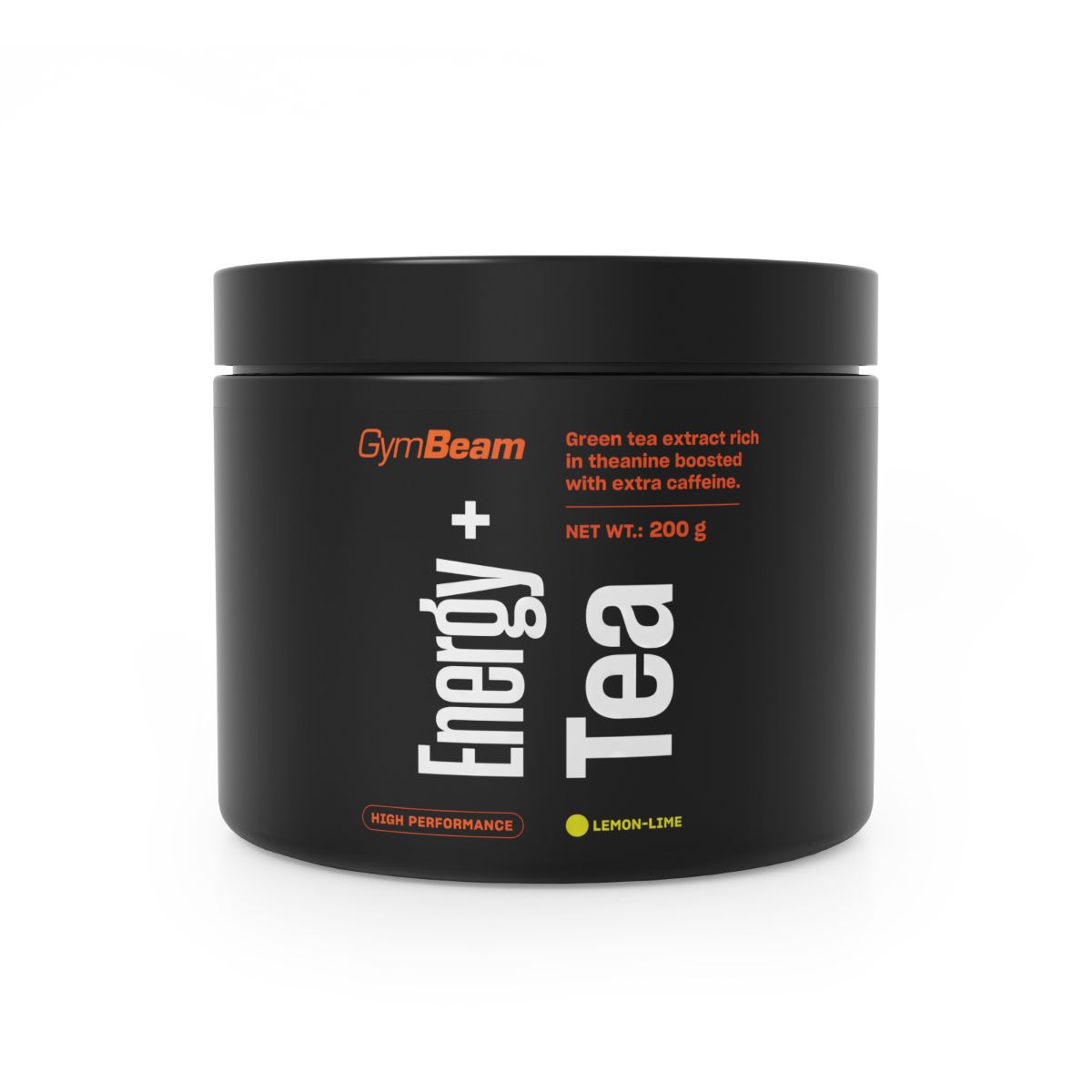 GymBeam Energie Tee Koffein Pulver in schwarzer Dose, 200g. Enthält Grüntee-Extrakt und Koffein.