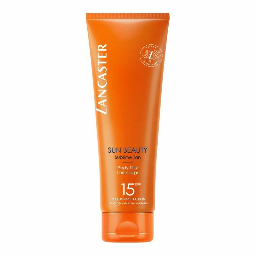 Orange Tube mit Produktnamen Lancaster Sun Beauty Sublime Tan Body Milk Spf15. Vegan-Siegel. SPF 15.