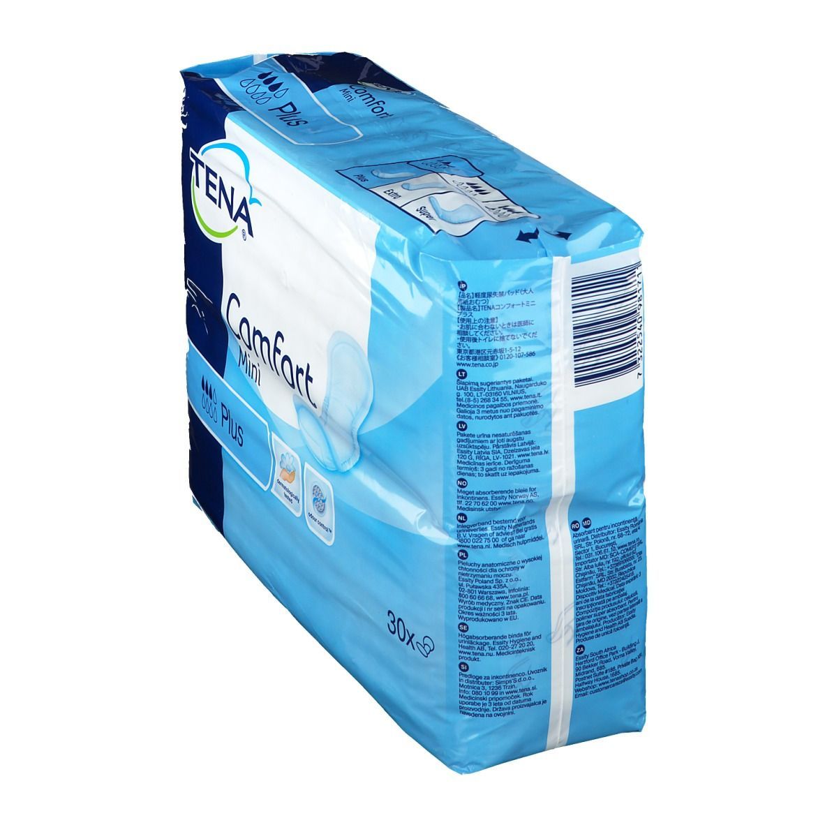 Verpackung Tena Comfort Mini Plus Einlagen, 30 Stück.