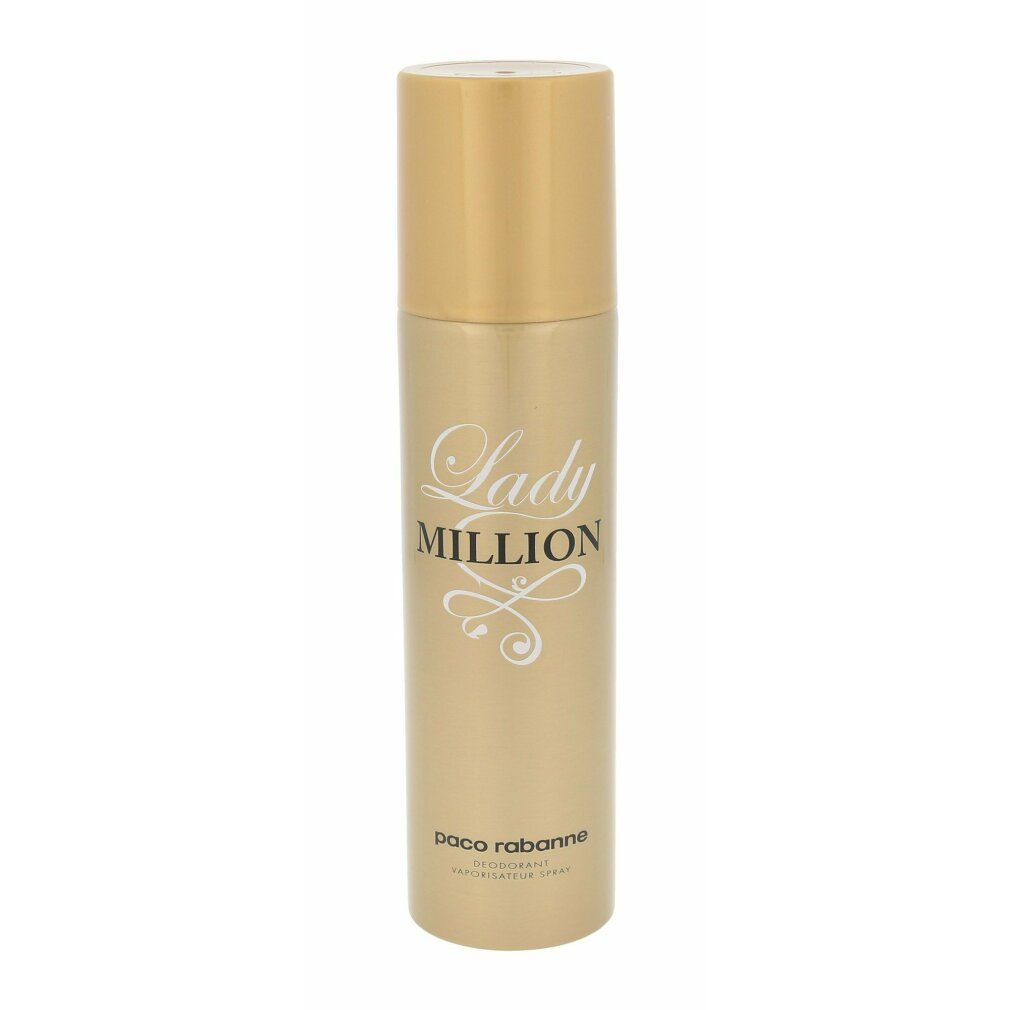 Goldfarbene Deodorant-Spraydose von Paco Rabanne Lady Million. Mit weißem Schriftzug Lady Million und Paco Rabanne.