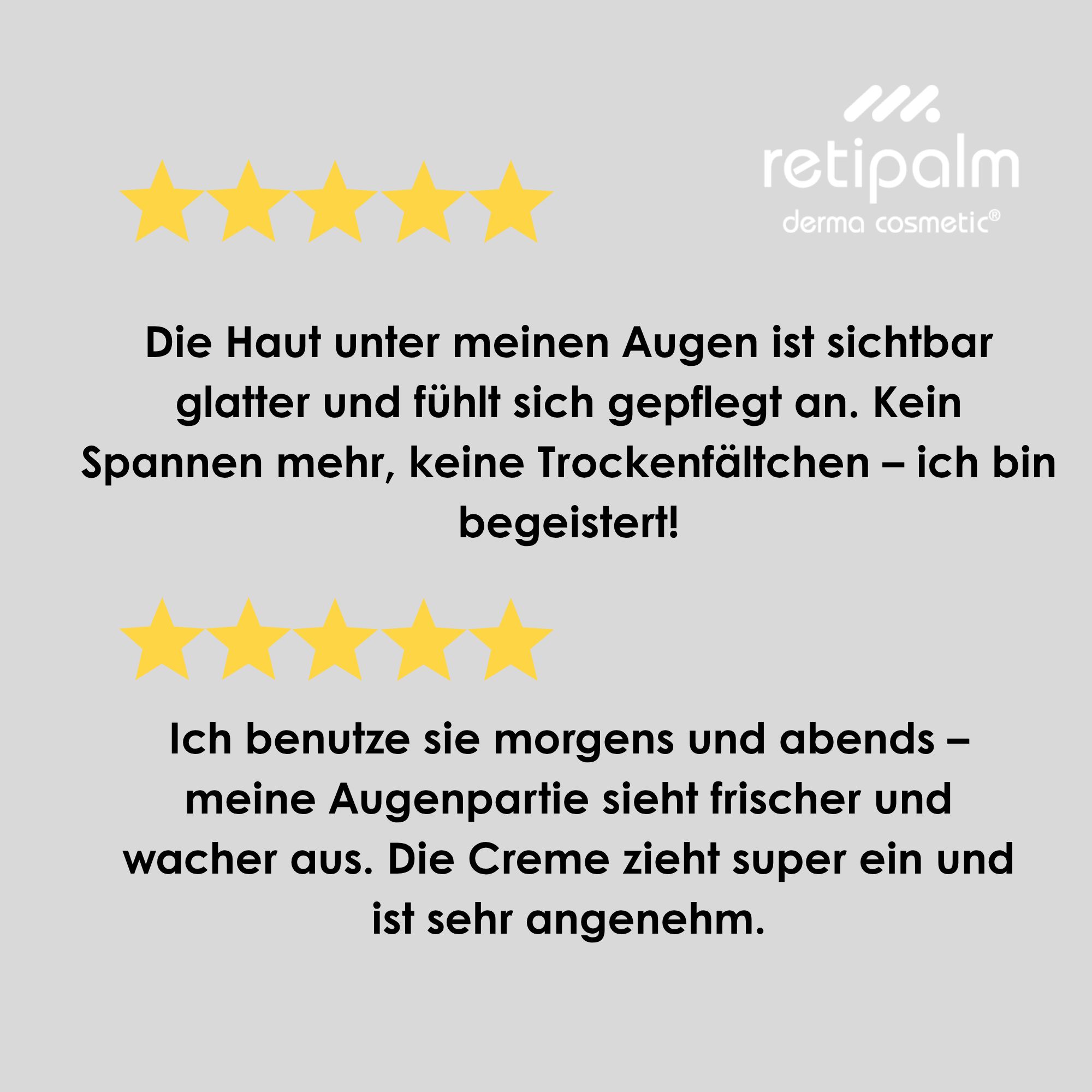 Retipalm Eye Care Spender mit Sternenbewertungen und Text.