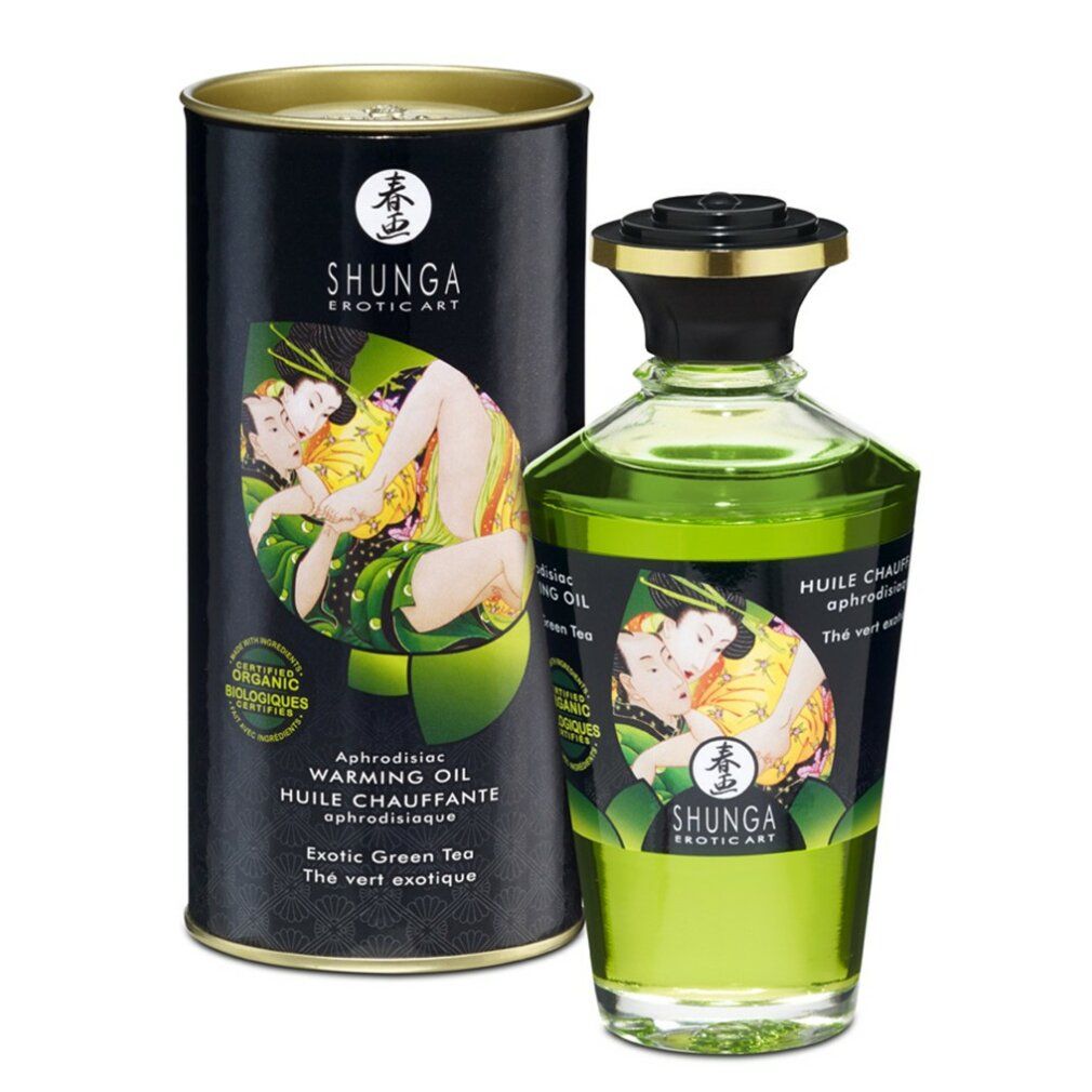 Shunga Massageöl mit Aroma Green Tea, Flasche und Dose. Grünes Öl, Etikett mit Küssen.