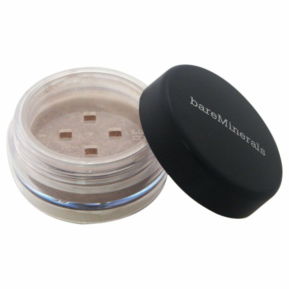 Offene Dose Lidschatten. Schwarzer Deckel mit 'bareMinerals'. Klare Dose mit braunem Puder. Vier Öffnungen.