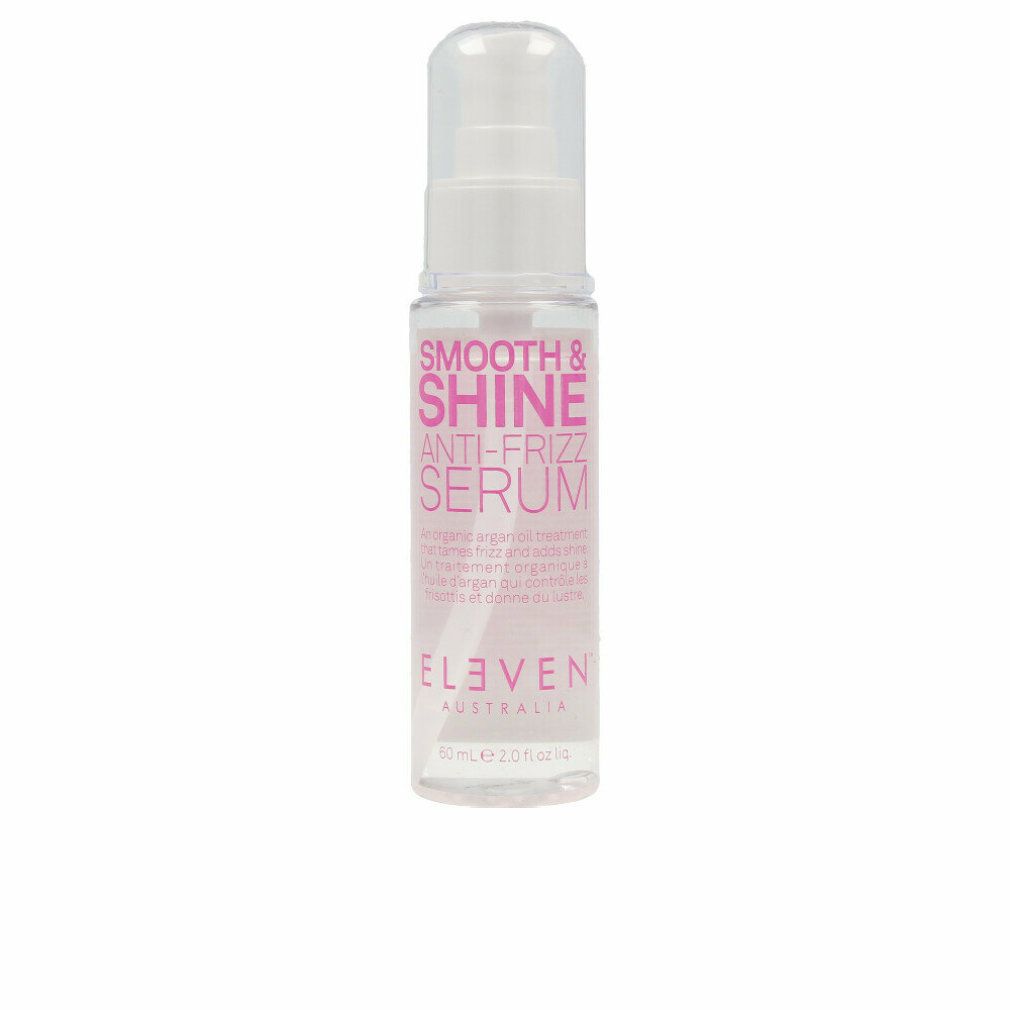 Klarer Behälter mit rosa Etikett. Text: Smooth & Shine Anti-Frizz Serum. Marke: Eleven Australia. Mit Sprühkopf.