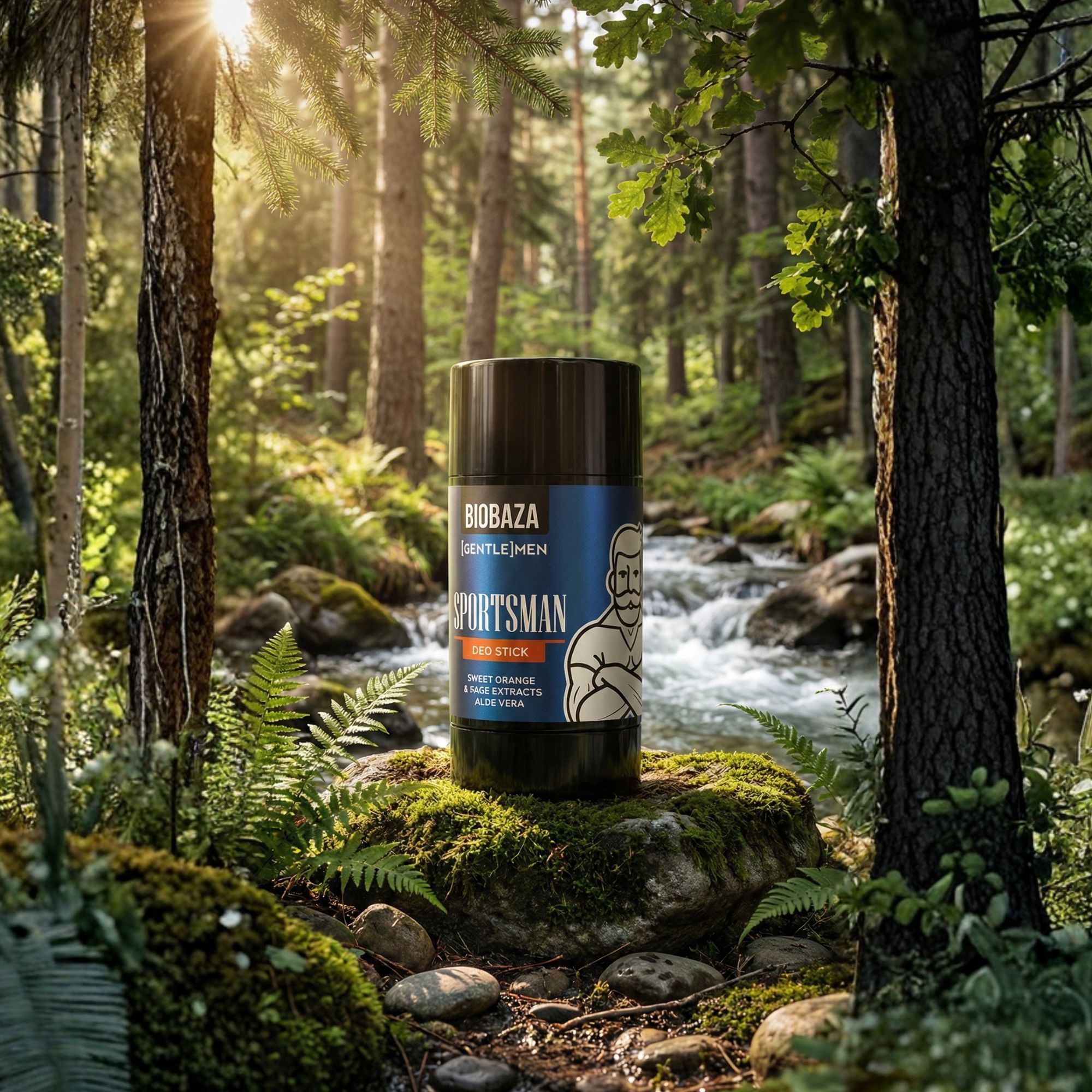 Deo-Stick Sportsmen auf einem Moos bedeckten Stein im Wald. Schwarze Verpackung mit blauer Beschriftung. Waldlandschaft im Hintergrund.