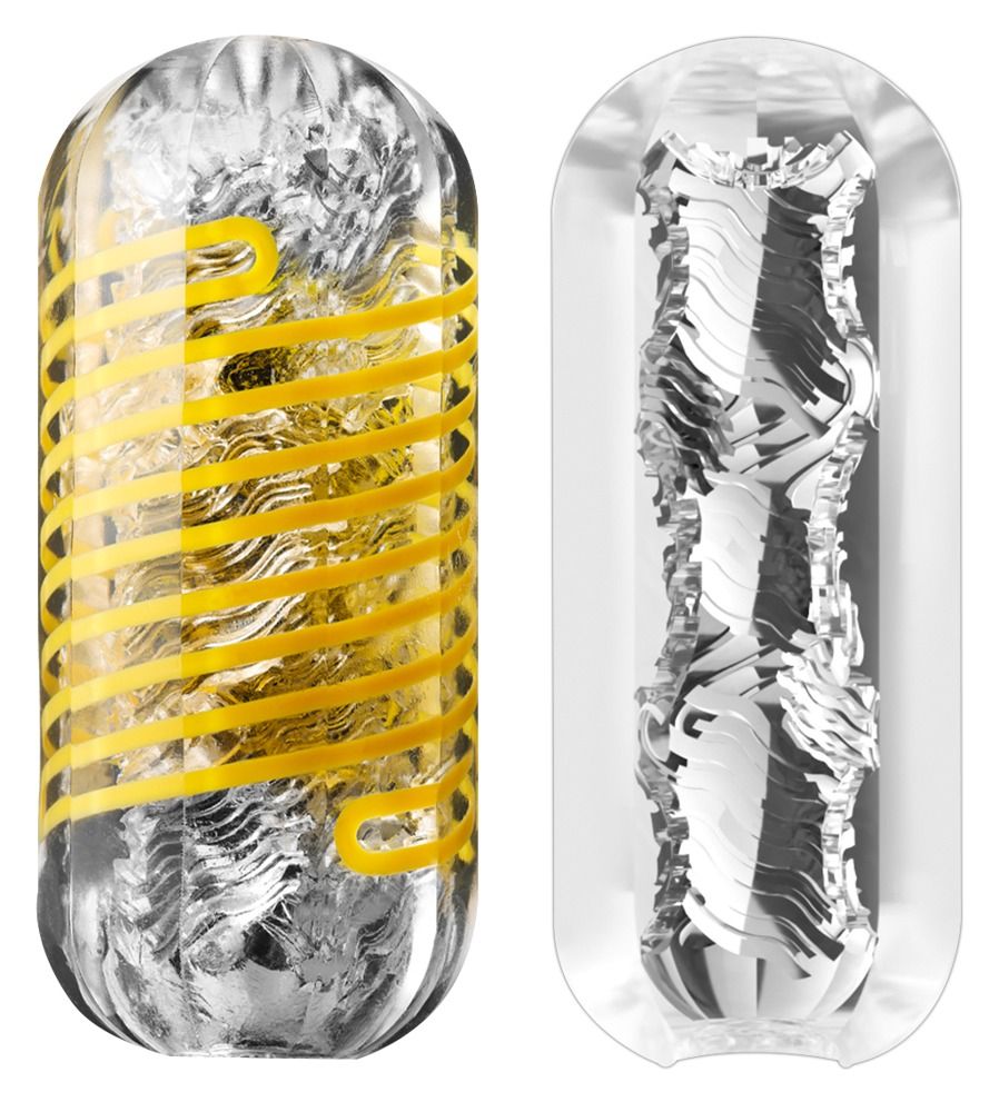 TENGA Spinner Deluxe Masturbator in zwei Ansichten: außen mit gelben Spiralen, innen mit silberner Struktur.