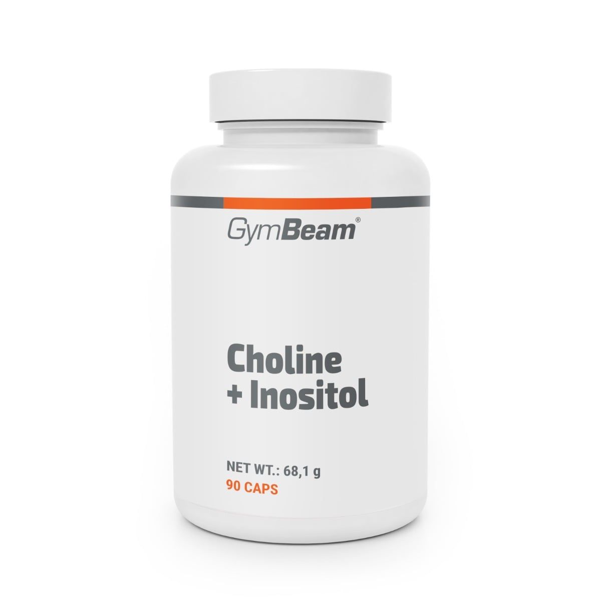 GymBeam Choline + Inositol Kapseln: Weiße Dose mit orange-grauem Streifen und Produktinformationen.