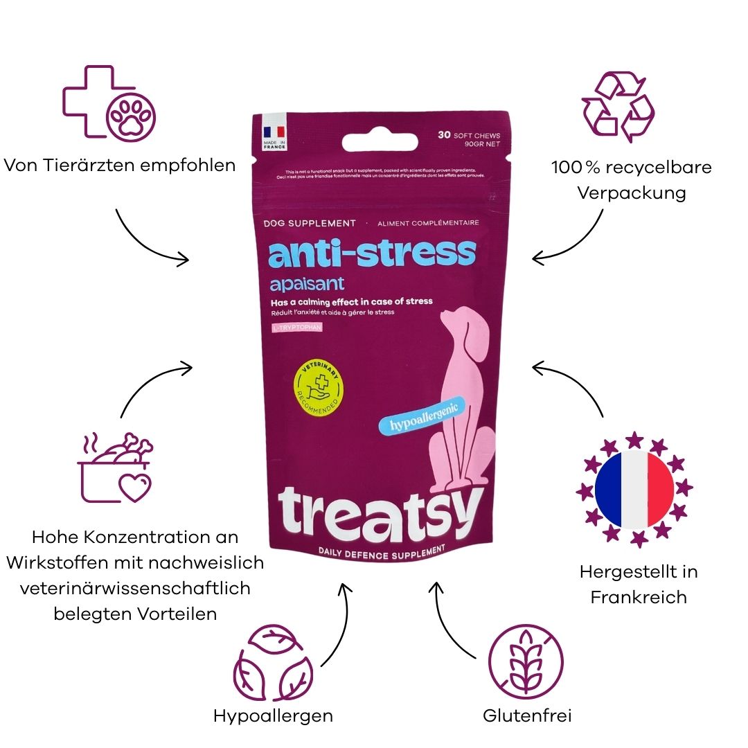 Produktverpackung mit Anti-Stress-Ergänzungsfuttermittel für Hunde. Hypoallergen, glutenfrei, hergestellt in Frankreich.
