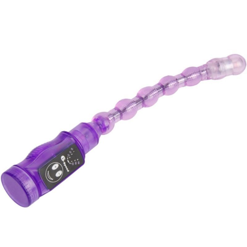 Lila Vibrator, seitliche Ansicht, mit flexiblem Schaft und beleuchteter Spitze.