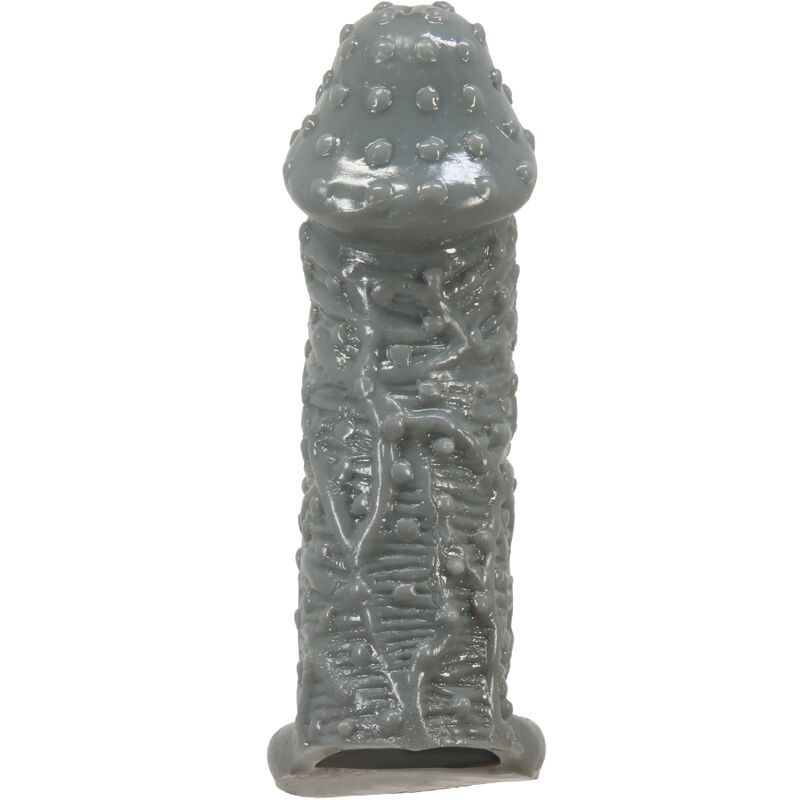 Graue Penishülle mit Noppen und Ring. Oberfläche strukturiert. Geformt für die Anwendung.