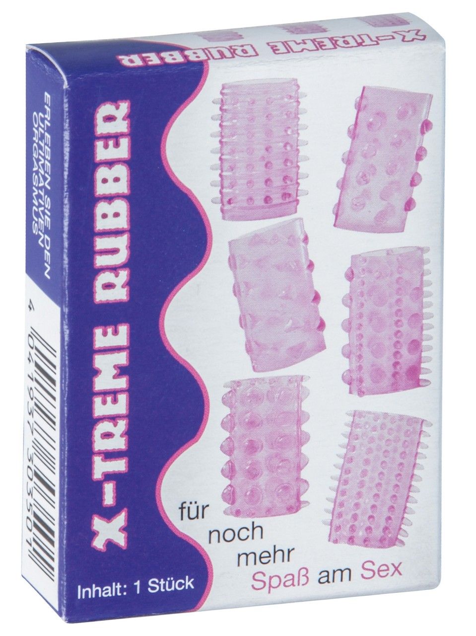 Verpackung mit sechs Silikonringen in verschiedenen Designs. Text: X-TREME RUBBER, Inhalt: 1 Stück, für noch mehr Spaß am Sex.