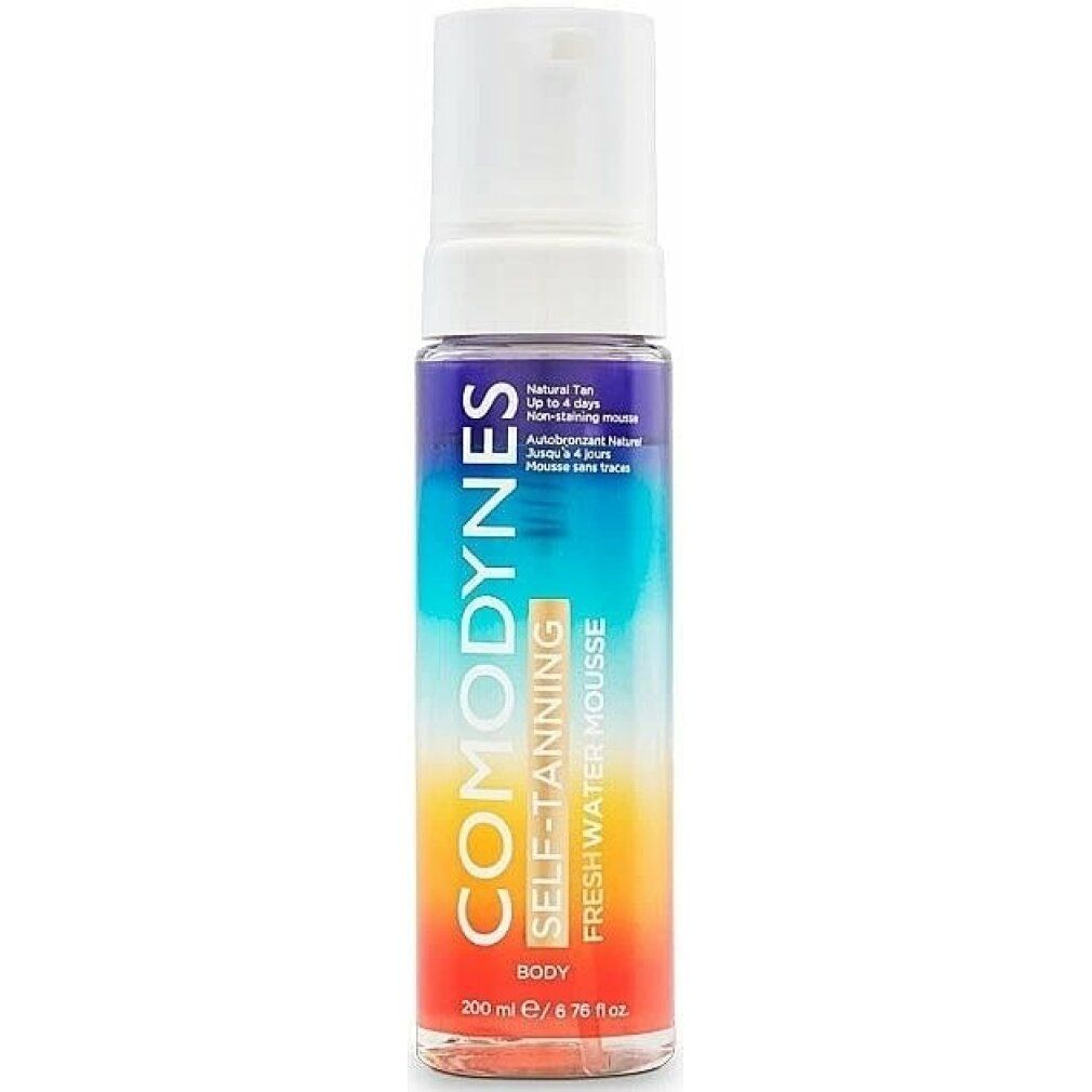 Selbstbräunungs-Mousse-Flasche. Farbverlauf von Rot nach Blau. Aufschrift: COMODYNES, SELF-TANNING, FRESH WATER MOUSSE. 200 ml.