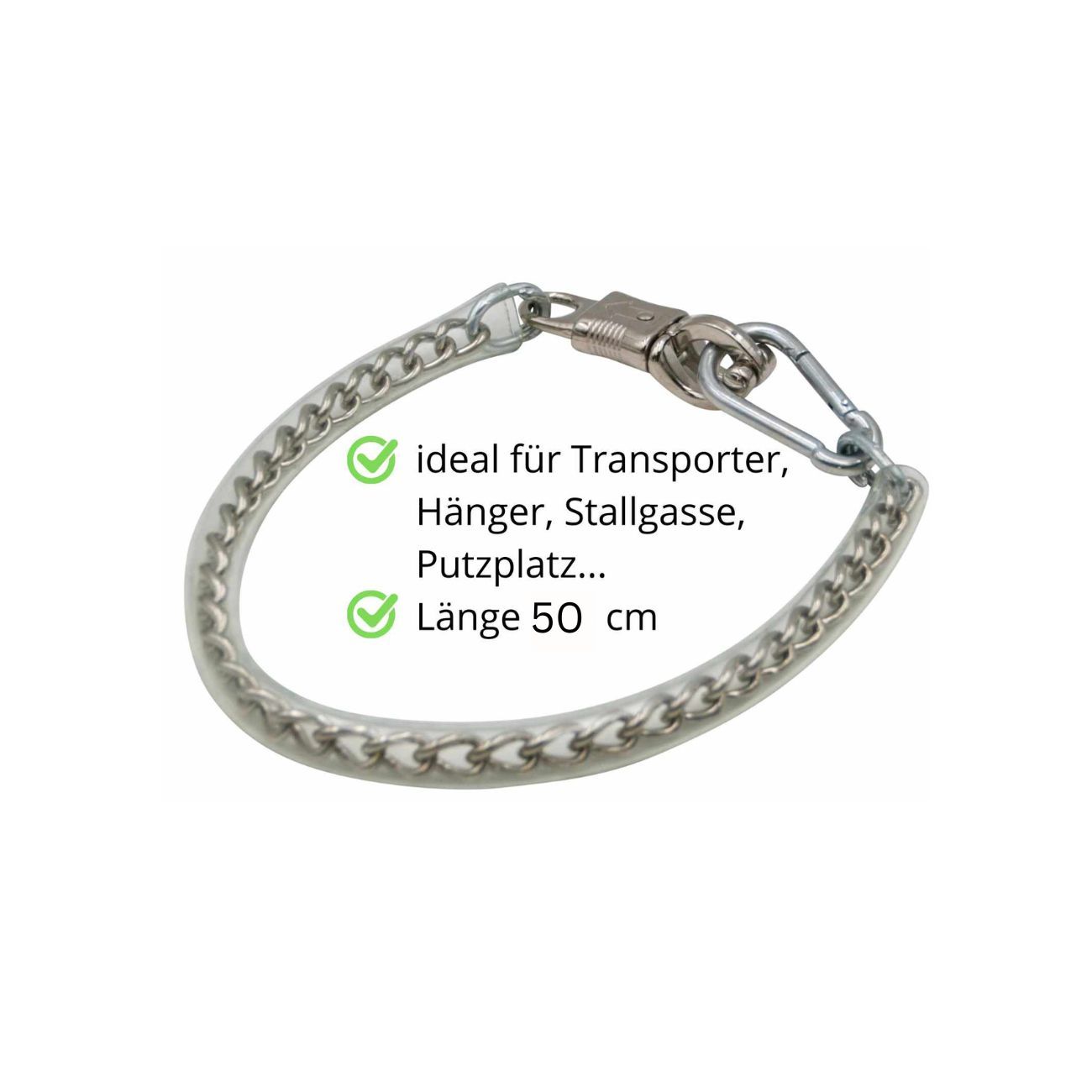 Kette mit Karabiner und Panikhaken. Länge 50 cm. Text: ideal für Transporter, Hänger, Stallgasse, Putzplatz...