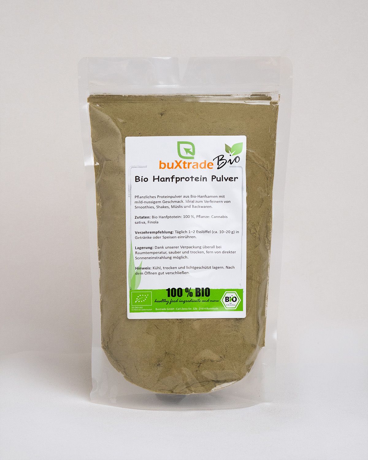 Verpackung von buxtrade Bio Hanfprotein Pulver mit Nährwertangaben und Bio-Siegel.
