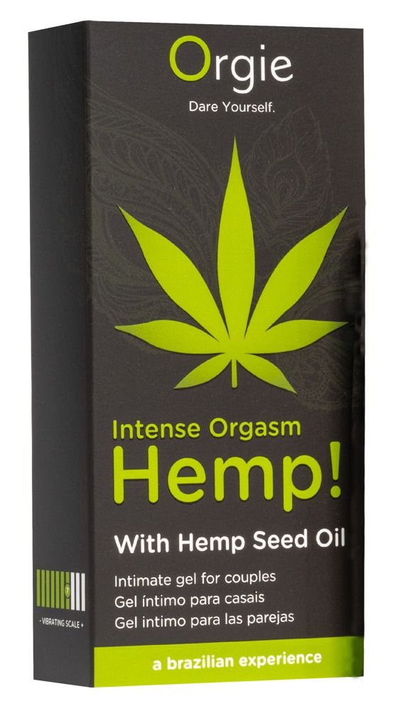 Schwarze Verpackung mit grünem Hanfblatt und Text: Intense Orgasm Hemp! Intimes Gel für Paare. Marke: Orgie.