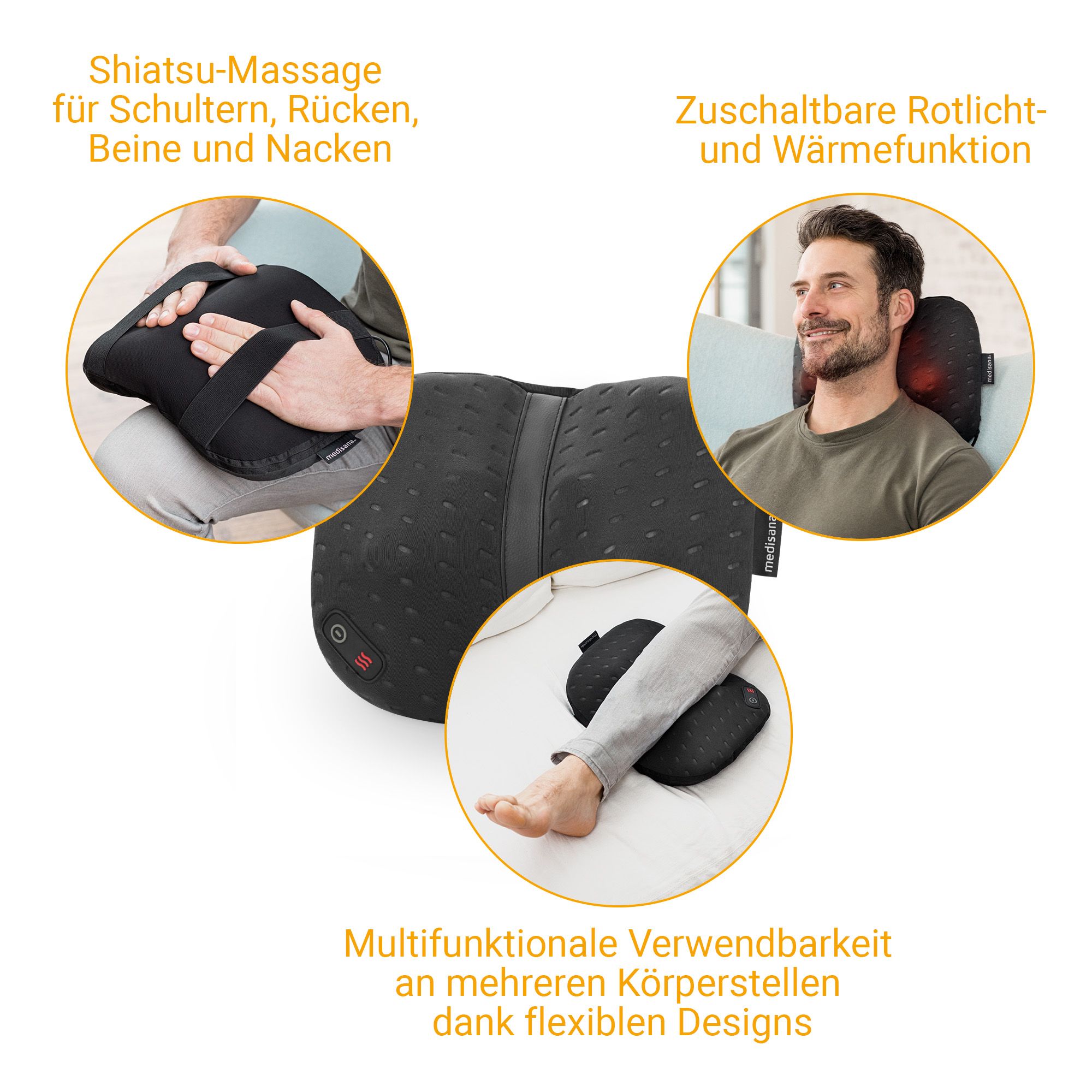 Schwarzes Shiatsu-Massagekissen mit rotierenden Köpfen, Wärme- und Rotlichtfunktion.