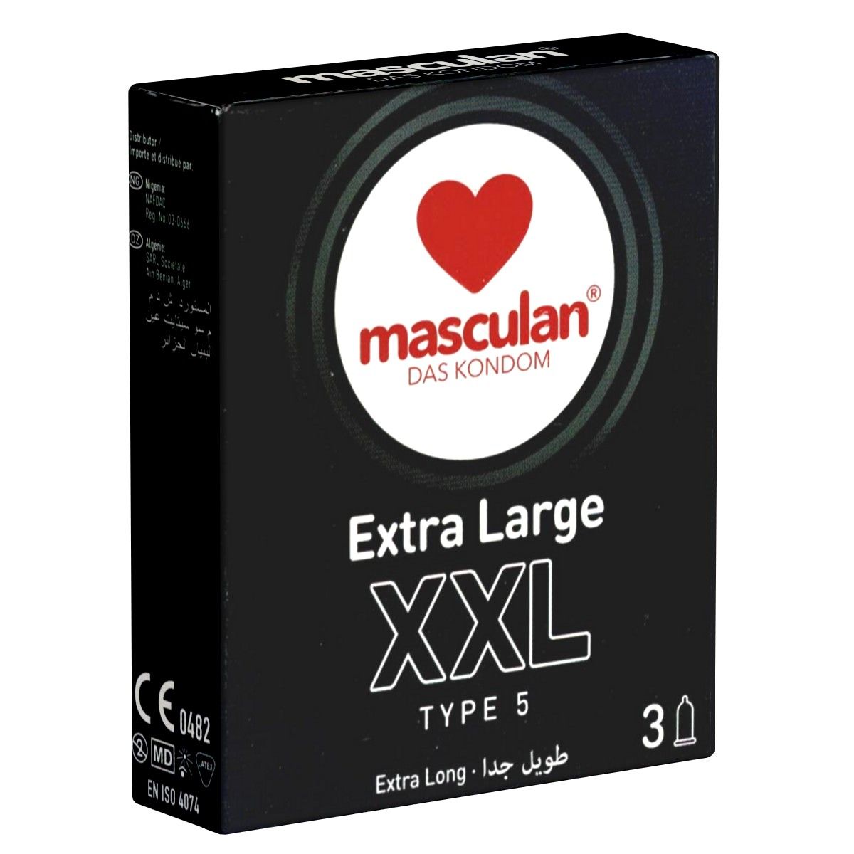 Schwarze Verpackung mit "masculan" Logo, rotem Herz, "XXL" und "TYPE 5" Schriftzug. Enthält 3 Kondome. CE-Kennzeichnung.