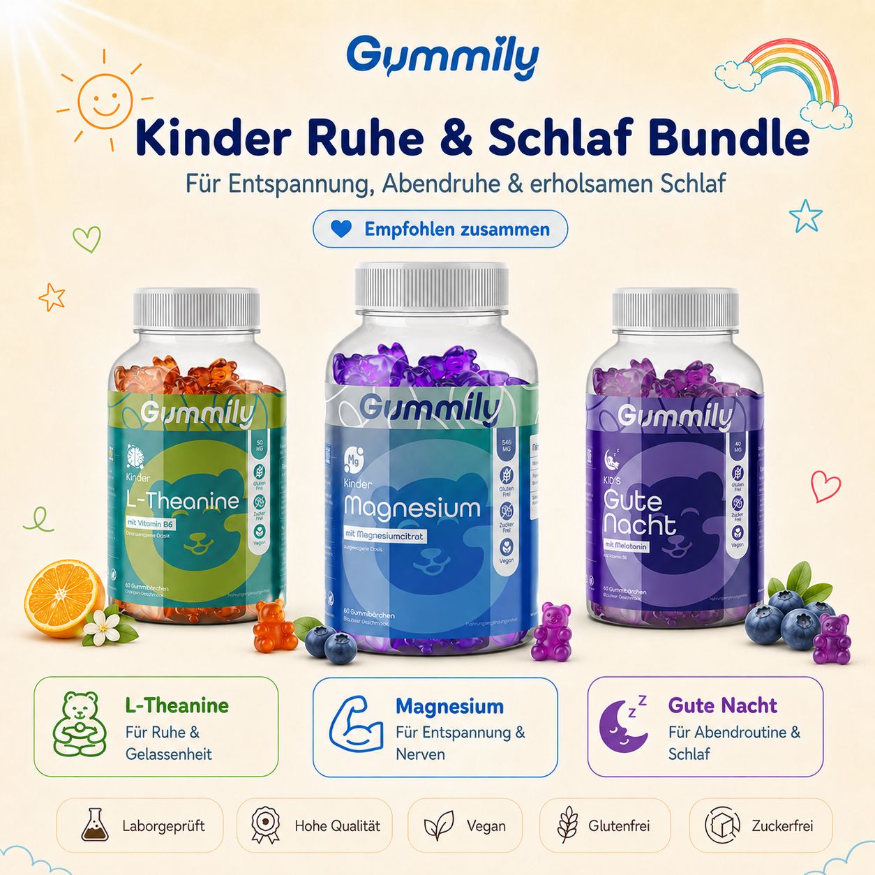 Gummily Kinder Ruhe & Schlaf Bundle: Magnesium, L-Theanin, Gute Nacht Gummibärchen.