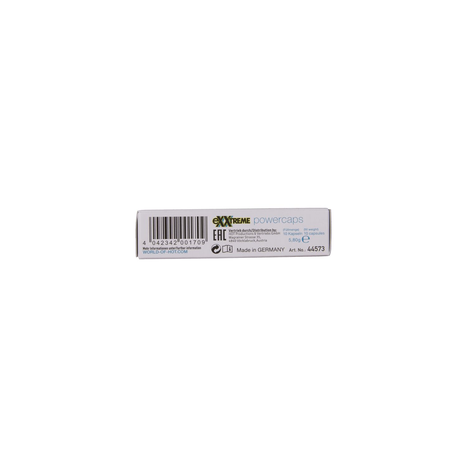 Oberseite der Schachtel "eXXtreme power caps". Barcode, Logo und Text. Hergestellt in Deutschland.