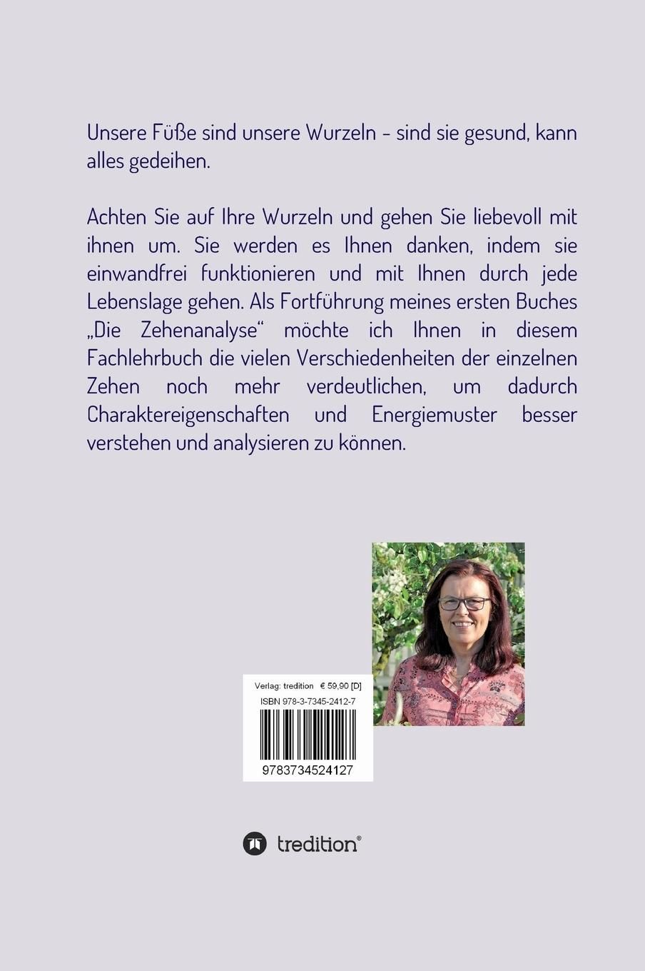 Buchrückseite: Text über Zehenanalyse, Foto der Autorin Maria Süß, Verlag tredition, ISBN.