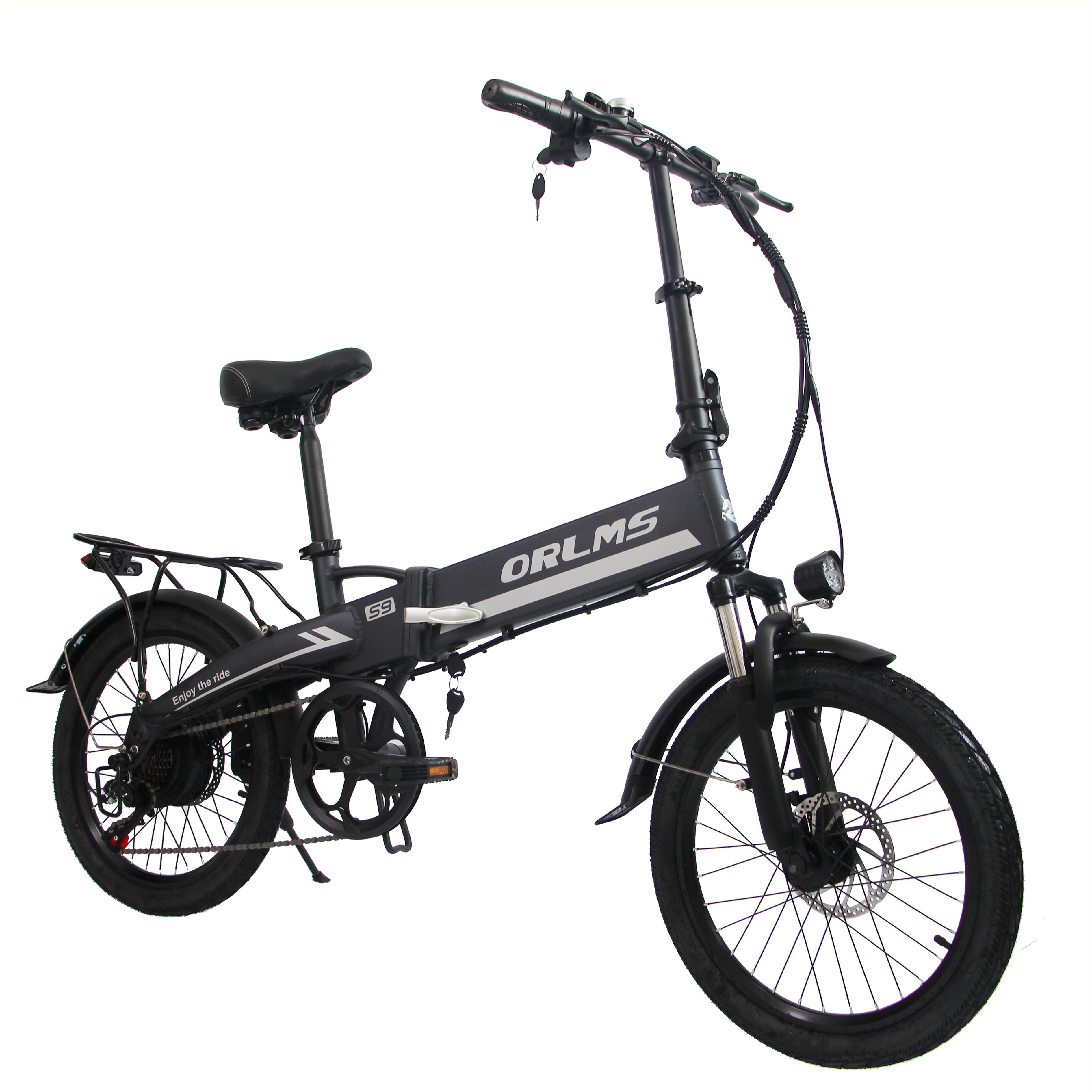 Faltbares E-Bike, grau. ORLMS-Logo. Schwarze Reifen, Sattel und Gepäckträger. Frontscheinwerfer. Geklappter Lenker.