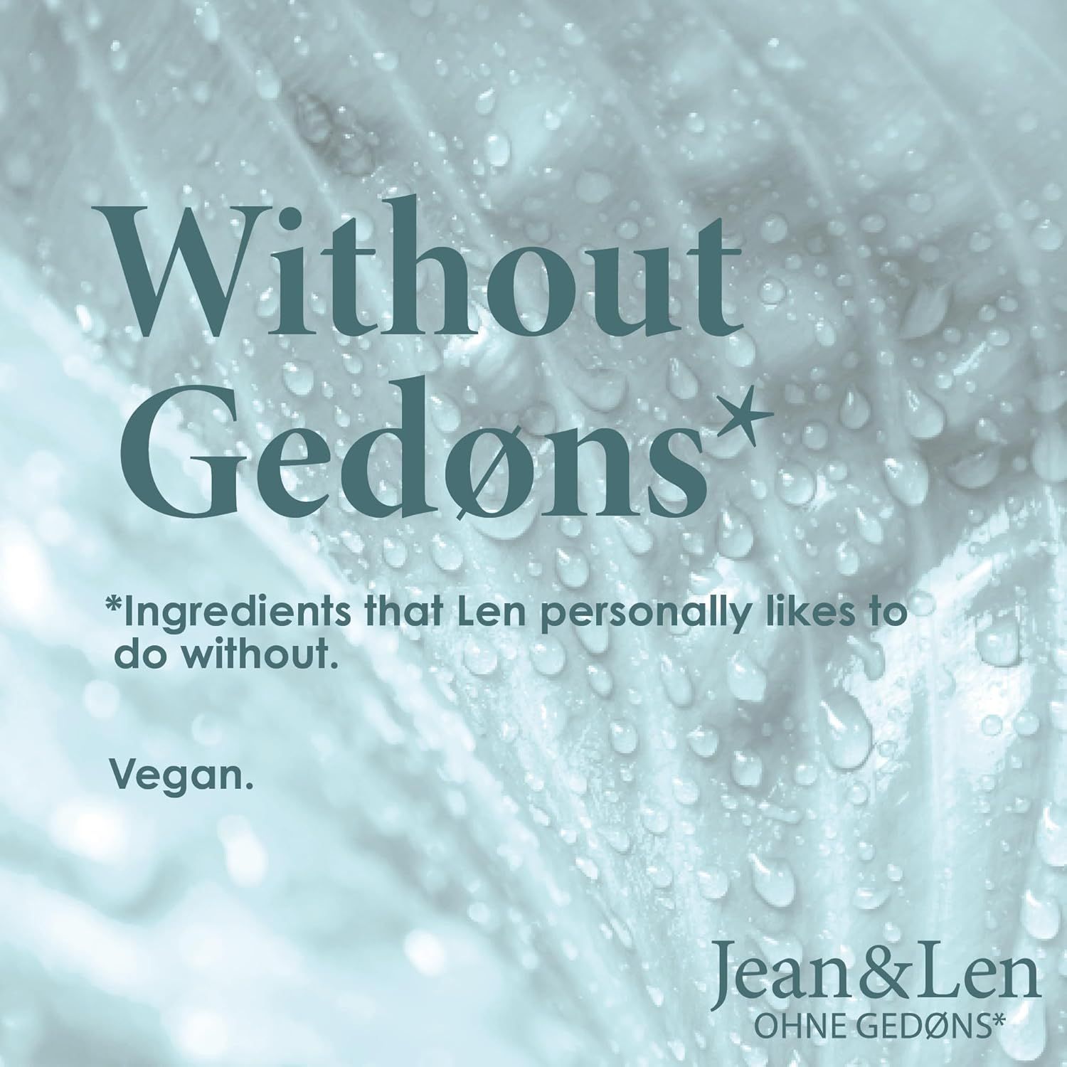 Text auf blauem Hintergrund: "Without Gedøns". Zusätzlicher Text: "Vegan".