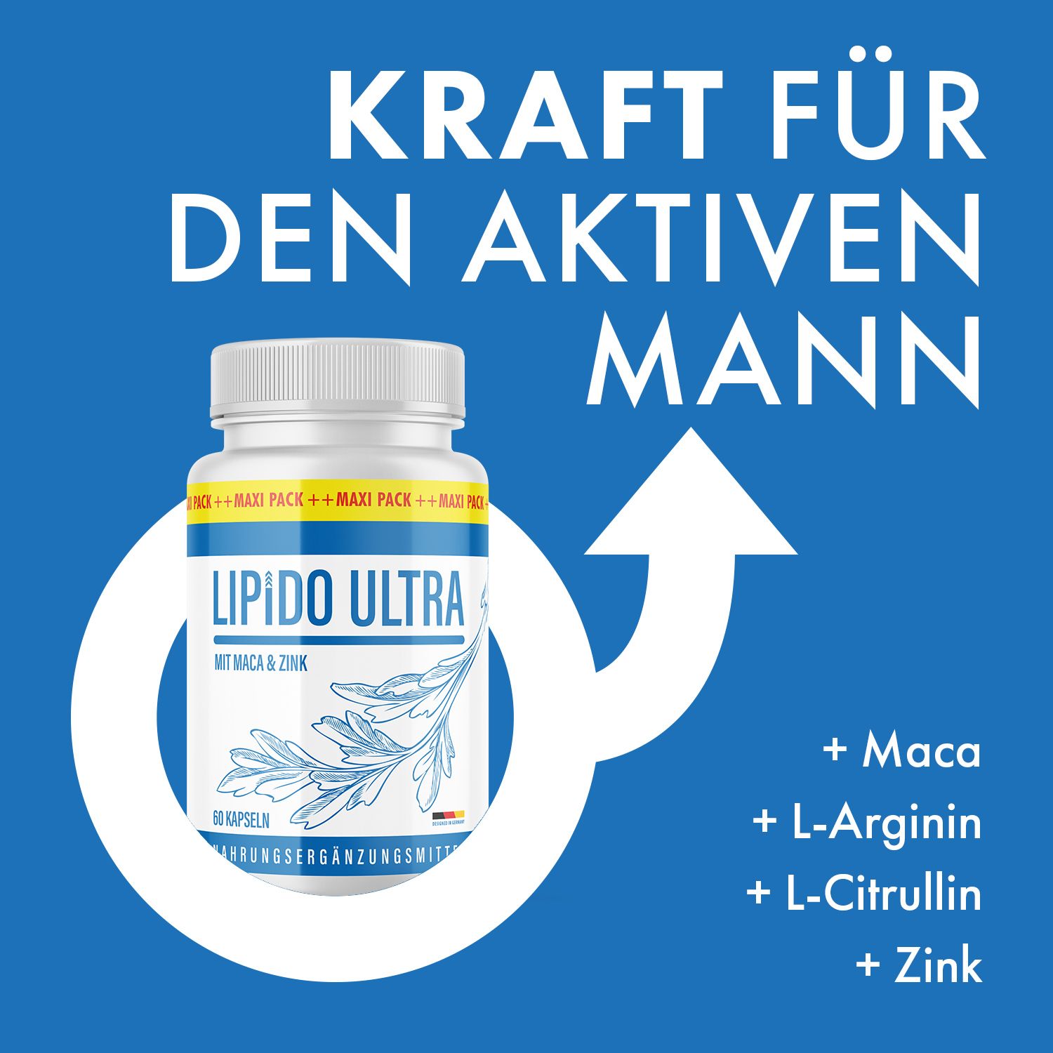 Weiße Flasche Lipido Ultra Kapseln. Aufschrift: Mit Maca & Zink. Zusätzliche Inhaltsstoffe: Maca, L-Arginin, L-Citrullin, Zink. Blauer Hintergrund.