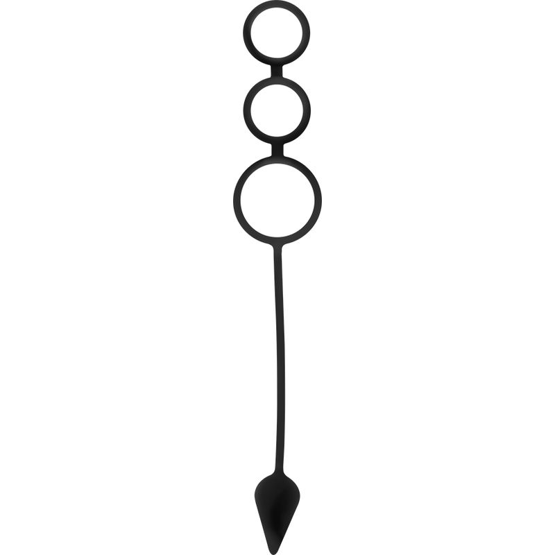 Schwarzes Silikonprodukt mit drei Ringen und einem konischen Ende. Vertikale Ansicht.