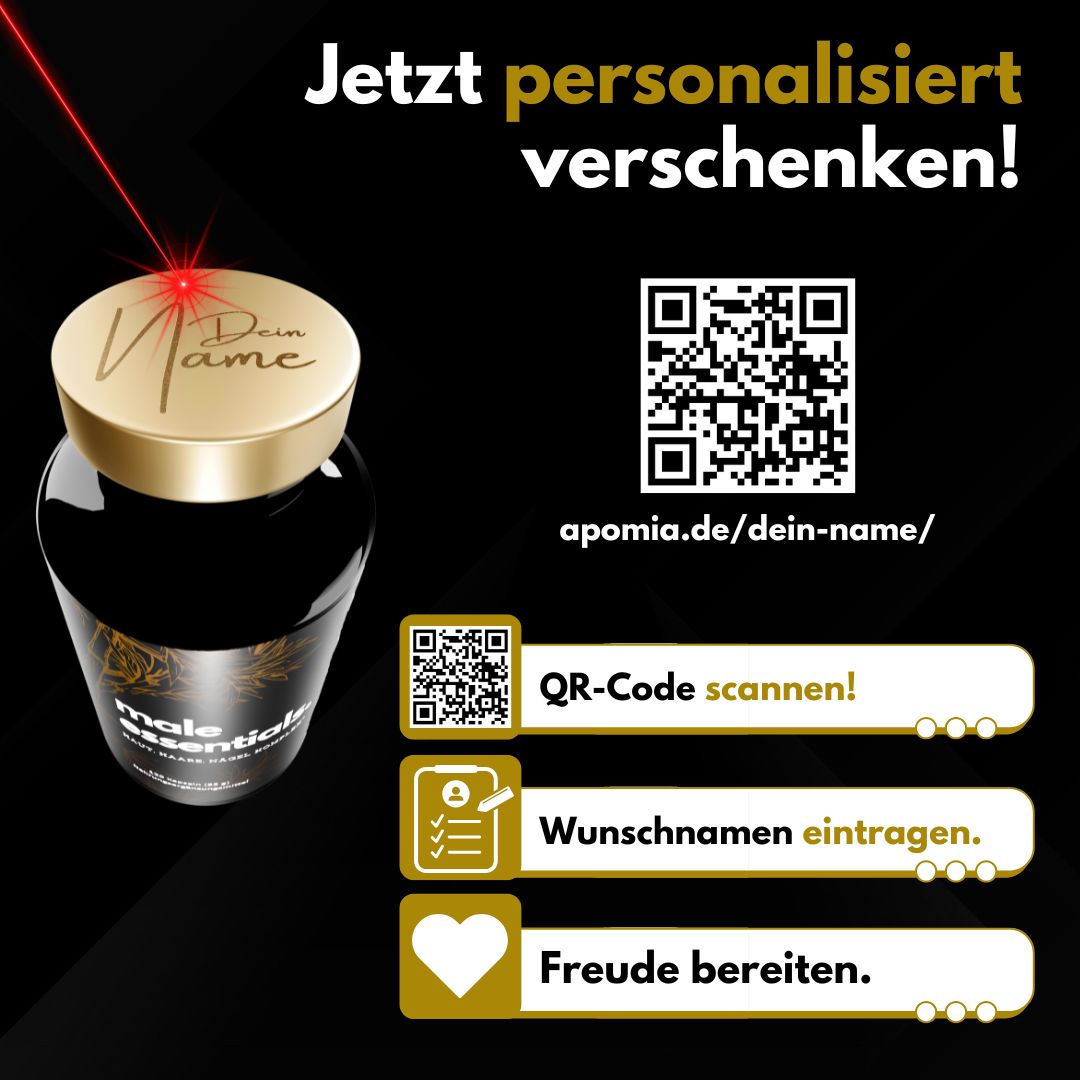 Produktflasche mit personalisiertem Deckel. QR-Code zum Scannen. Text: Wunschnamen eintragen. Freude bereiten.