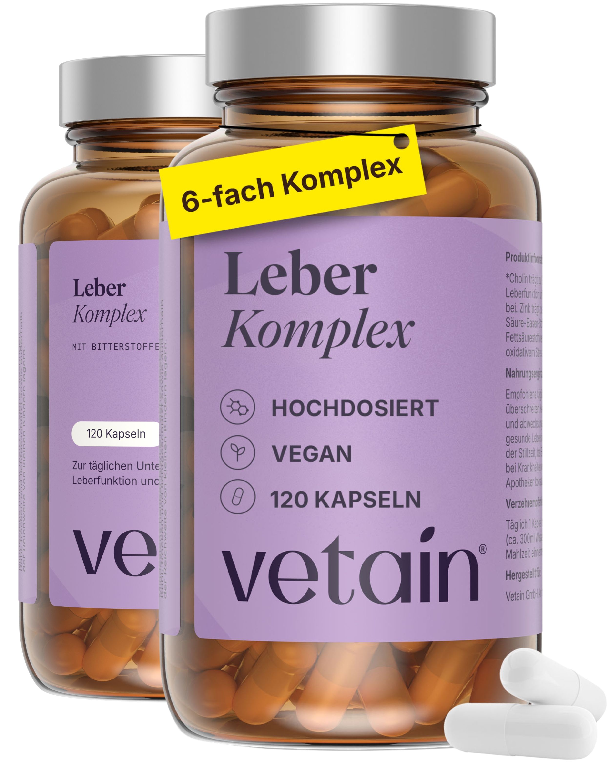 Zwei Flaschen VetaIn Leber Komplex mit 120 Kapseln, 6-fach Komplex.