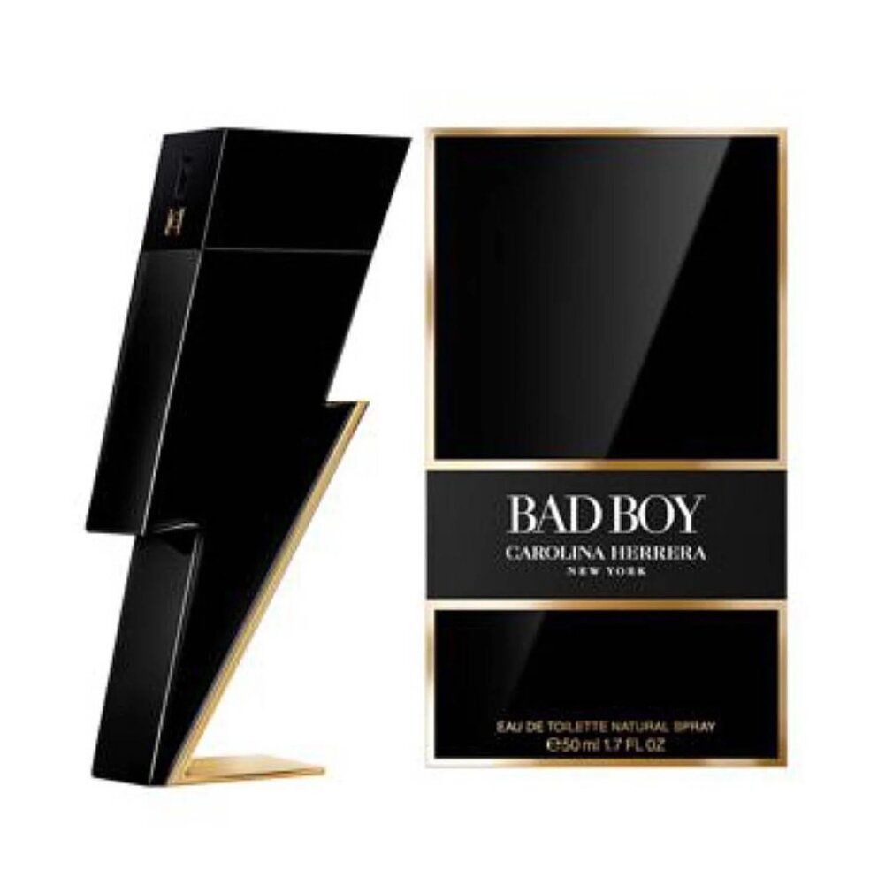Schwarzer Flakon in Blitzform und rechteckige Verpackung. Aufschrift "BAD BOY" und "Carolina Herrera".