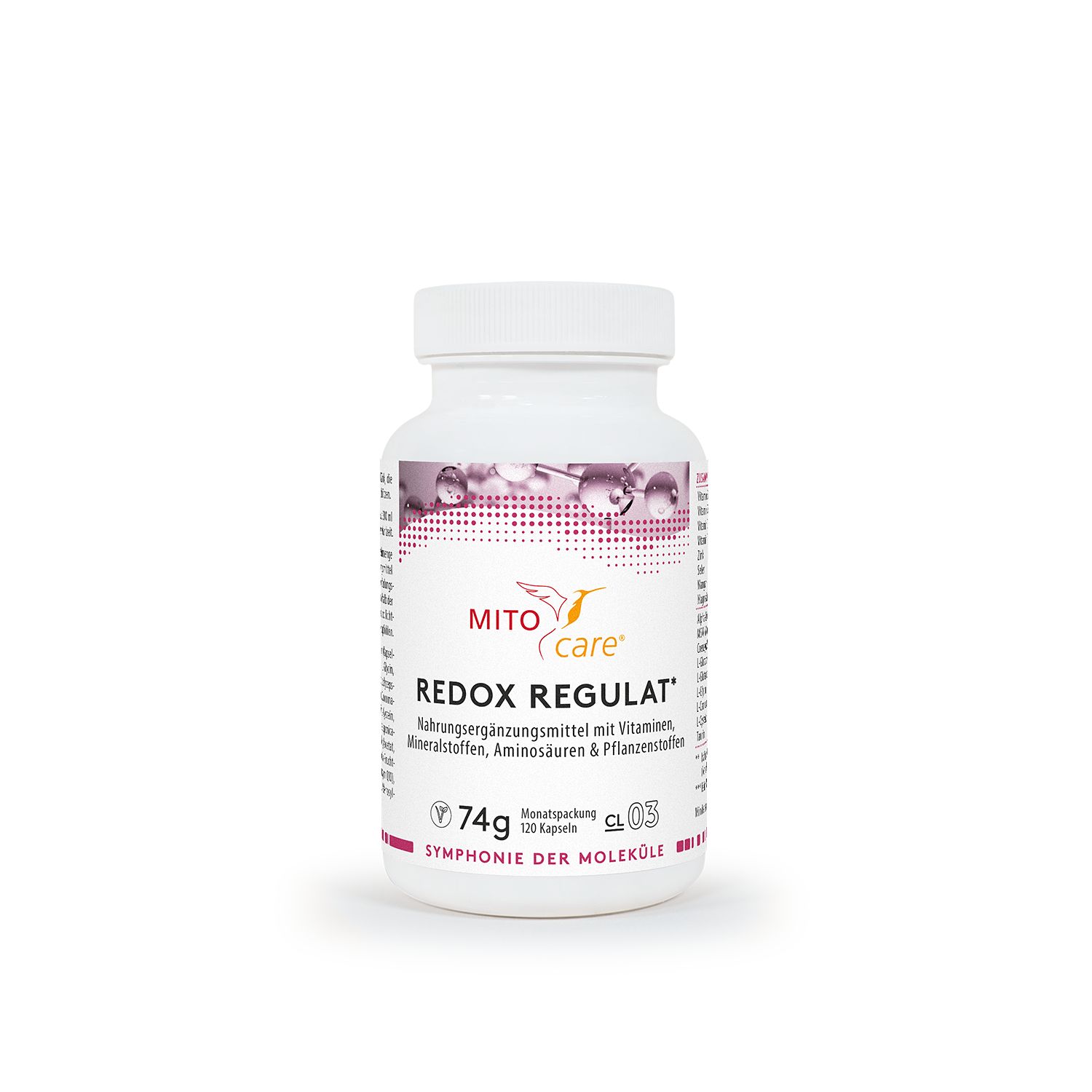 Weiße Flasche mit Mito care Redox Regulat, 74g, 120 Kapseln.