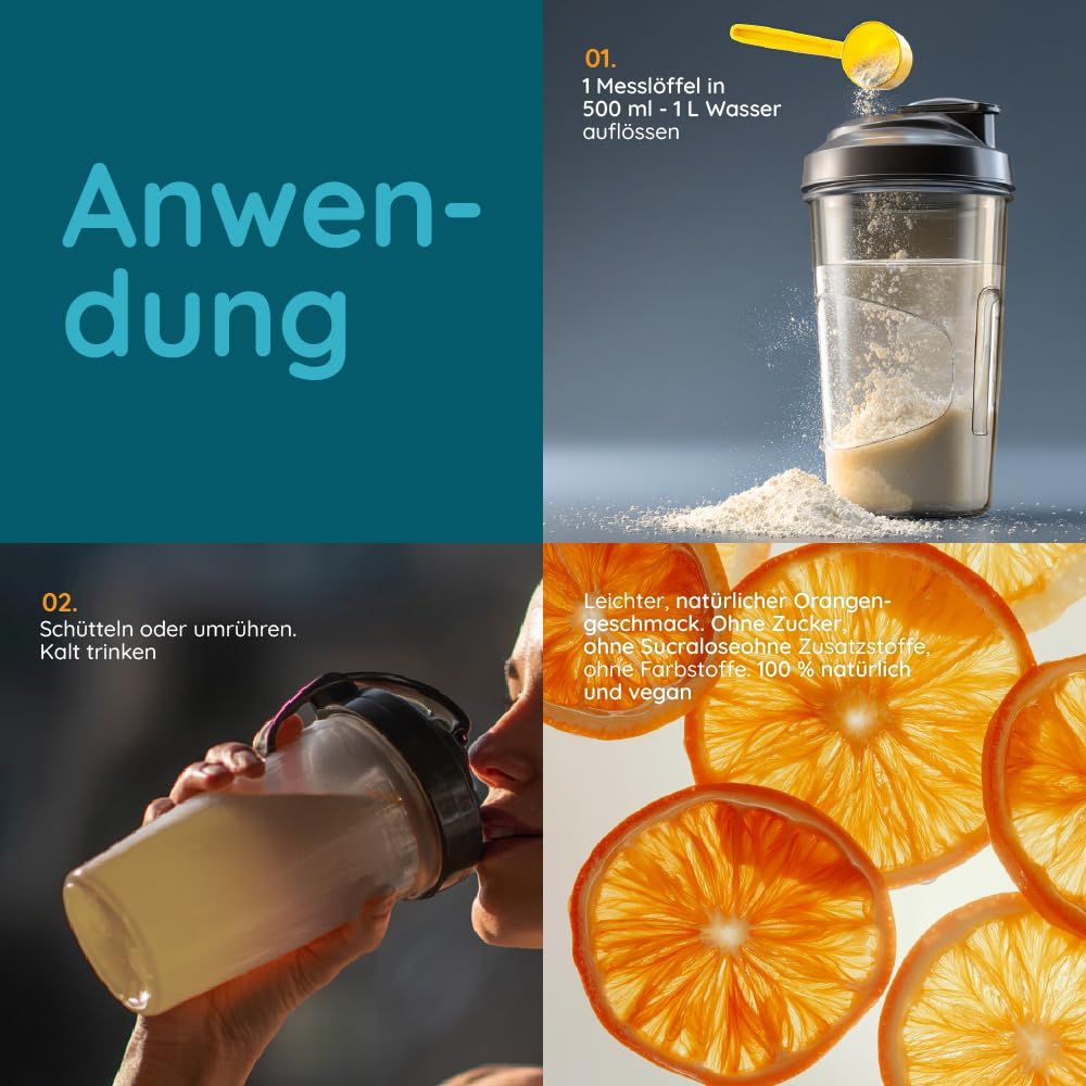 Anwendung von N2 Elektrolyt-Getränkepulver: Pulver in Wasser auflösen, schütteln, trinken.