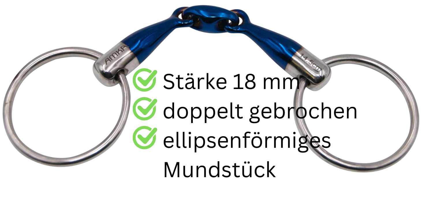 Gebiss, doppelt gebrochen, blau und silberfarben. Text: Stärke 18 mm, doppelt gebrochen, elliptisches Mundstück.