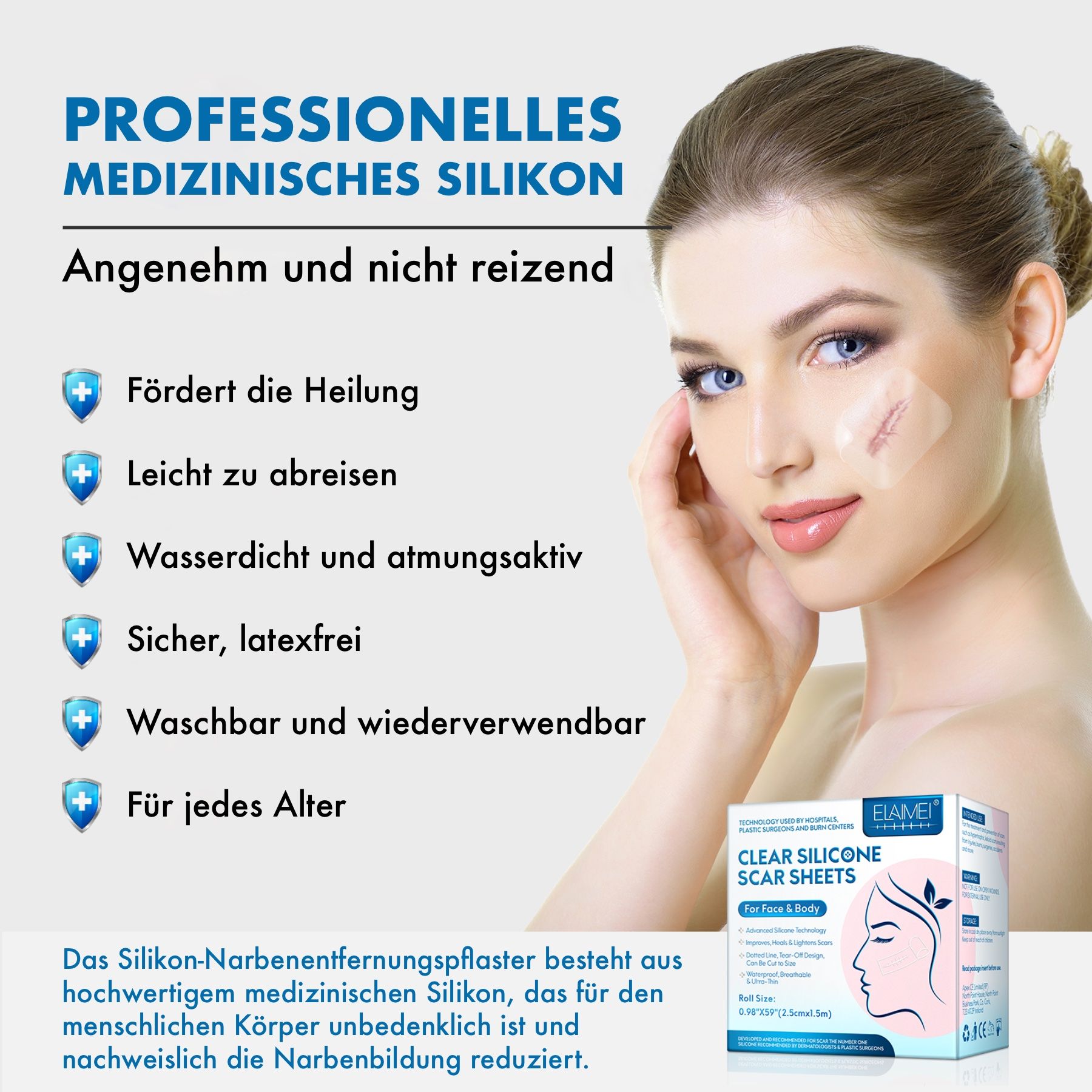 Frau mit Pflaster auf der Wange. Text: Professionelles medizinisches Silikon. ELAIMEI Clear Silicone Scar Sheets. Produktverpackung.