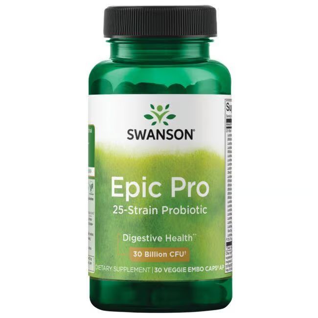 Grüne Flasche mit schwarzem Deckel. Etikett mit "SWANSON", "Epic Pro" und "25-Strain Probiotic". 30 Milliarden CFU.