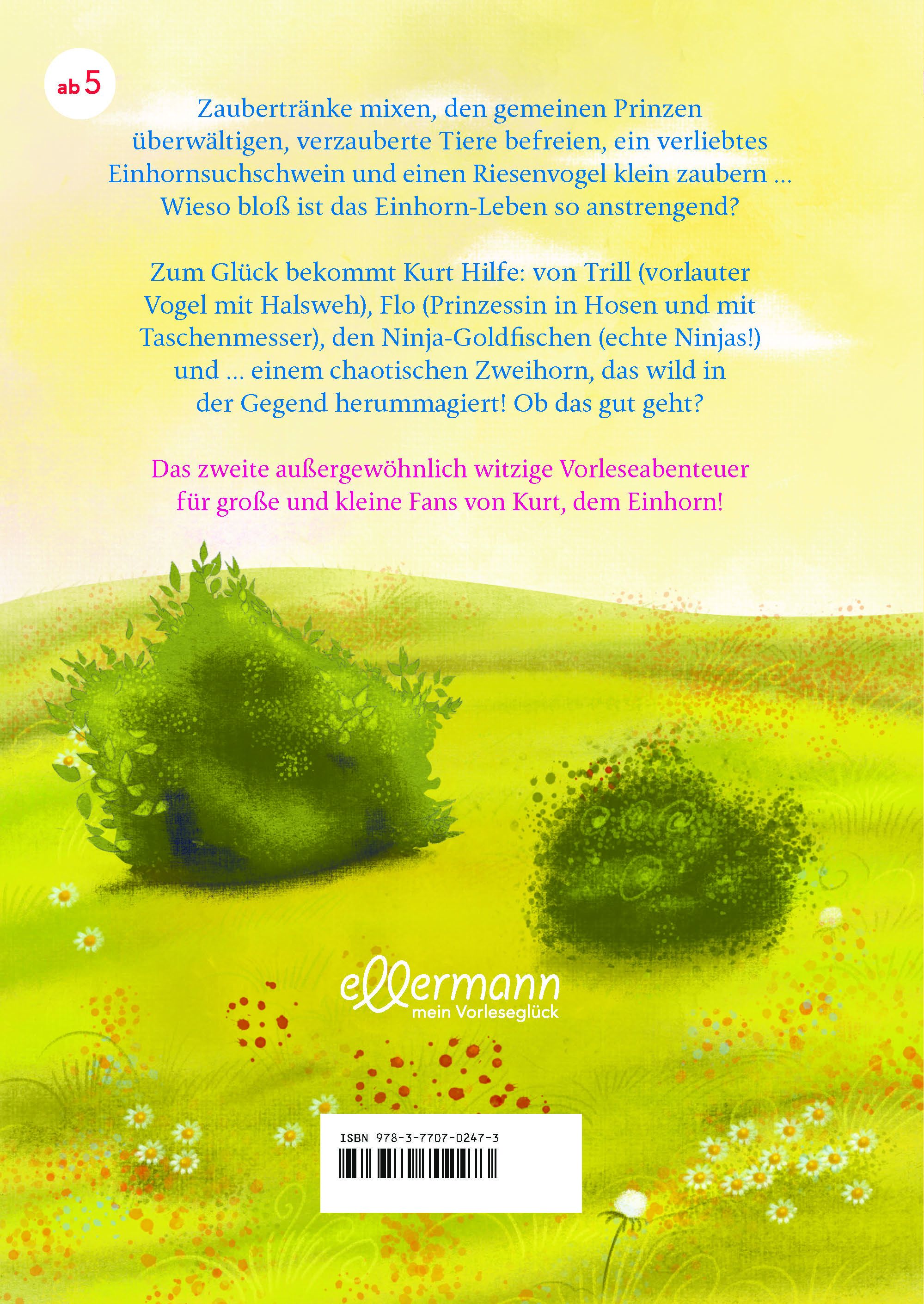 Rückseite des Buches "Kurt". Text über die Geschichte, Illustrationen und Logo des Verlags Ellermann.