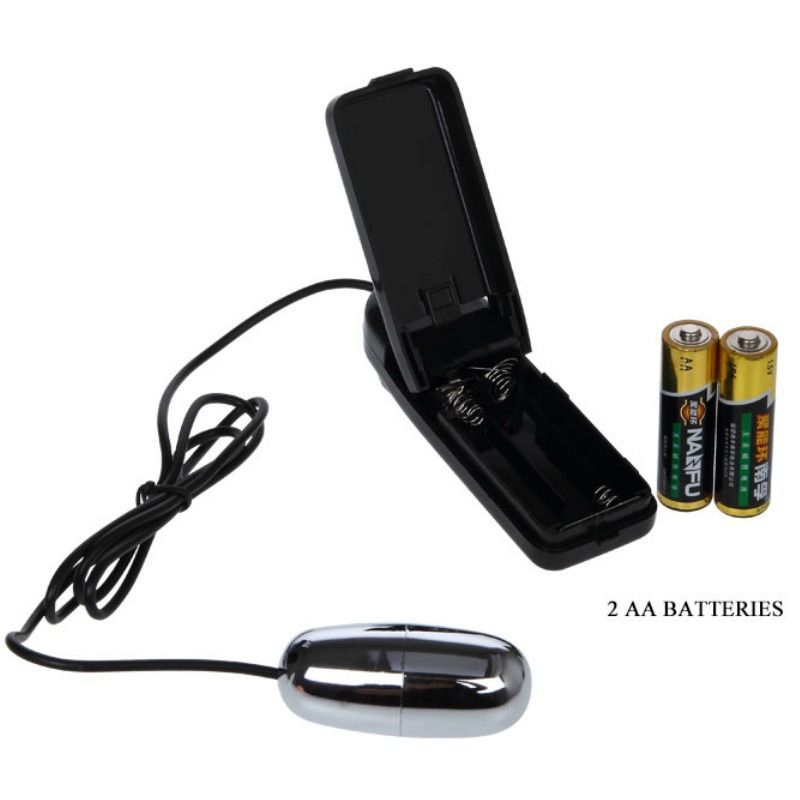 Silberfarbener Vibrator, schwarzes Batteriefach mit 2 AA-Batterien. Beschriftung: 2 AA BATTERIES.