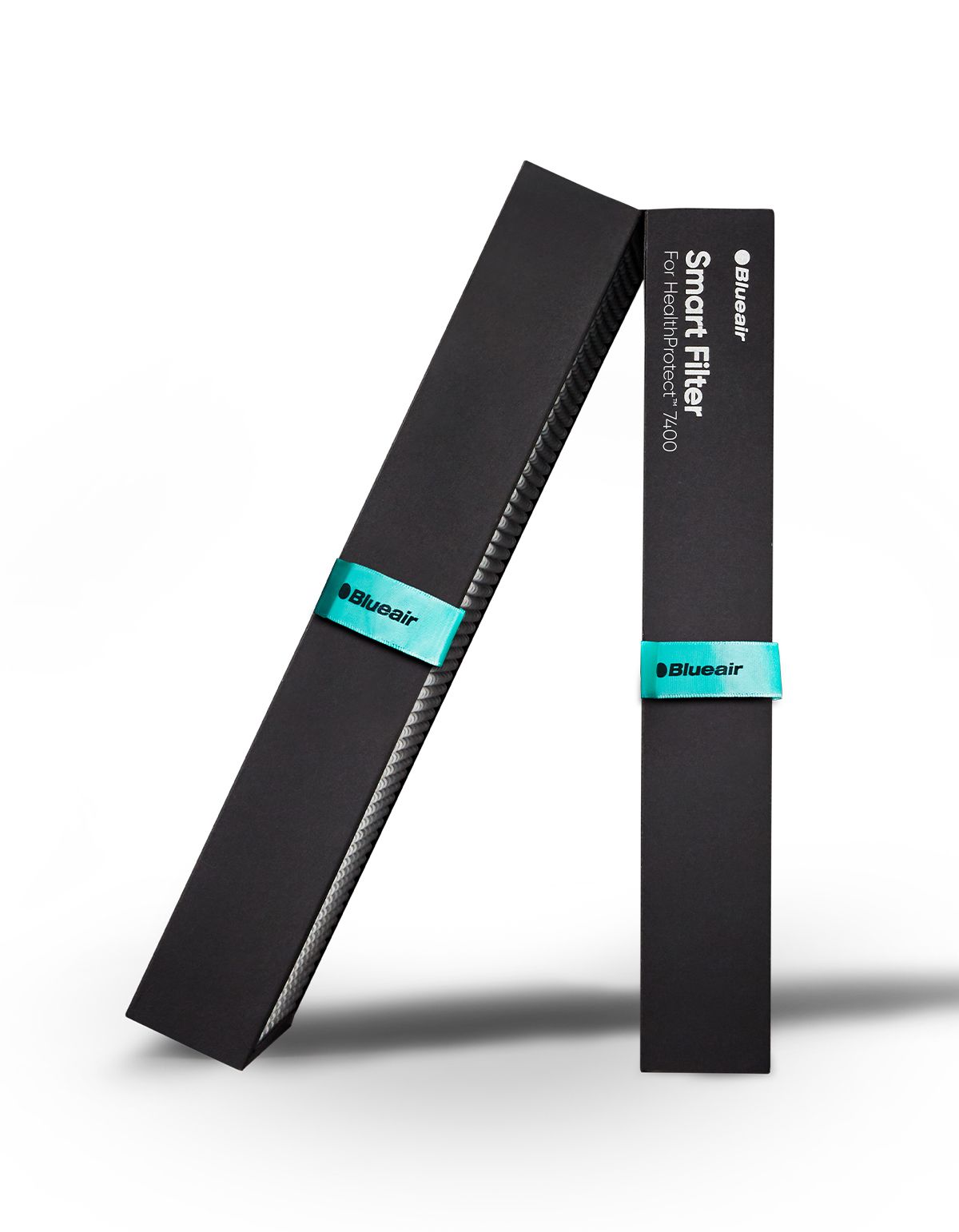 Zwei schwarze Filterboxen, stehend. Blaues Band. Aufschrift: Blueair SmartFilter für HealthProtect 7400.