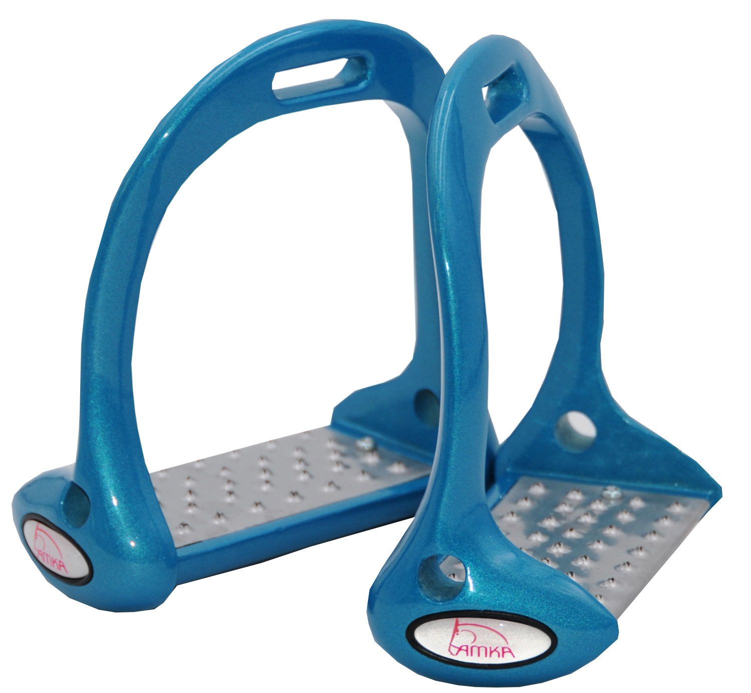 Zwei blaue Steigbügel mit silberfarbenen Trittflächen. AMKA-Logo auf den Seiten.