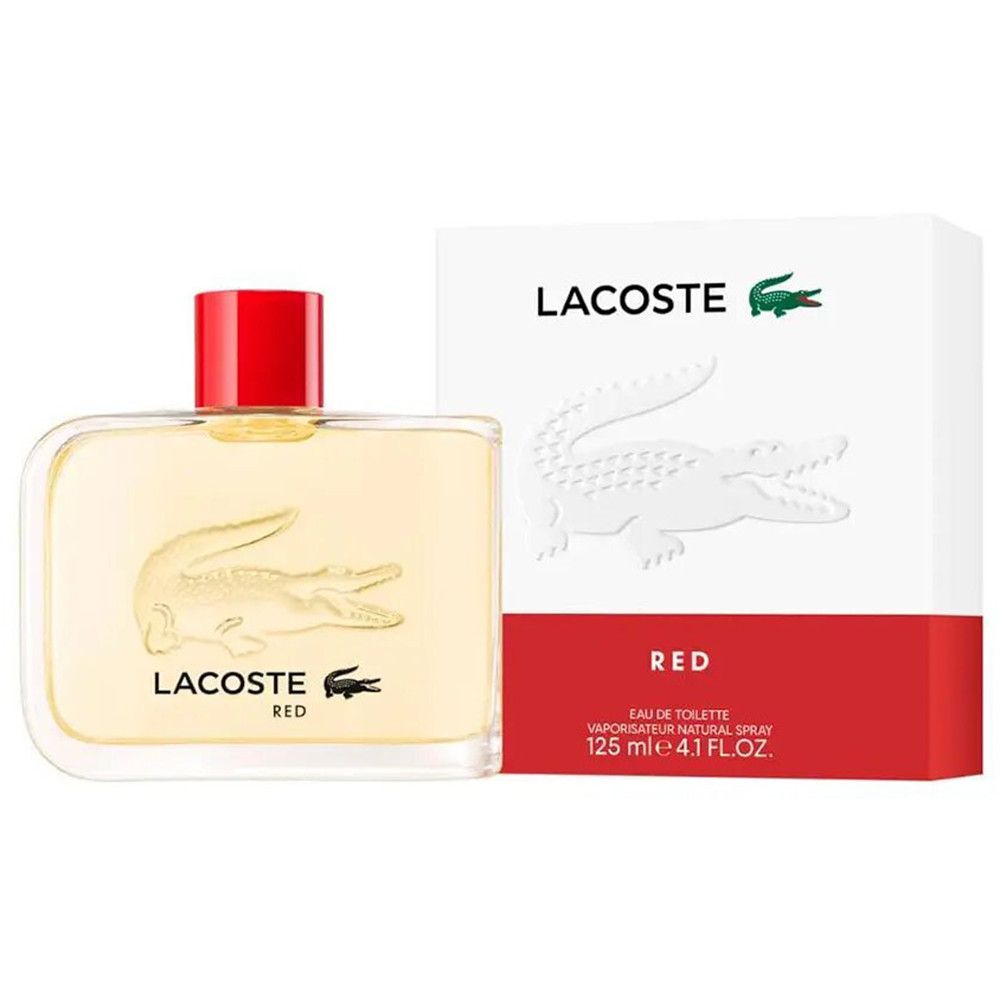 Flakon und Verpackung von Lacoste Red Eau de Toilette. Flakon mit rotem Verschluss, weißer Karton mit Krokodil-Logo und rotem Streifen.