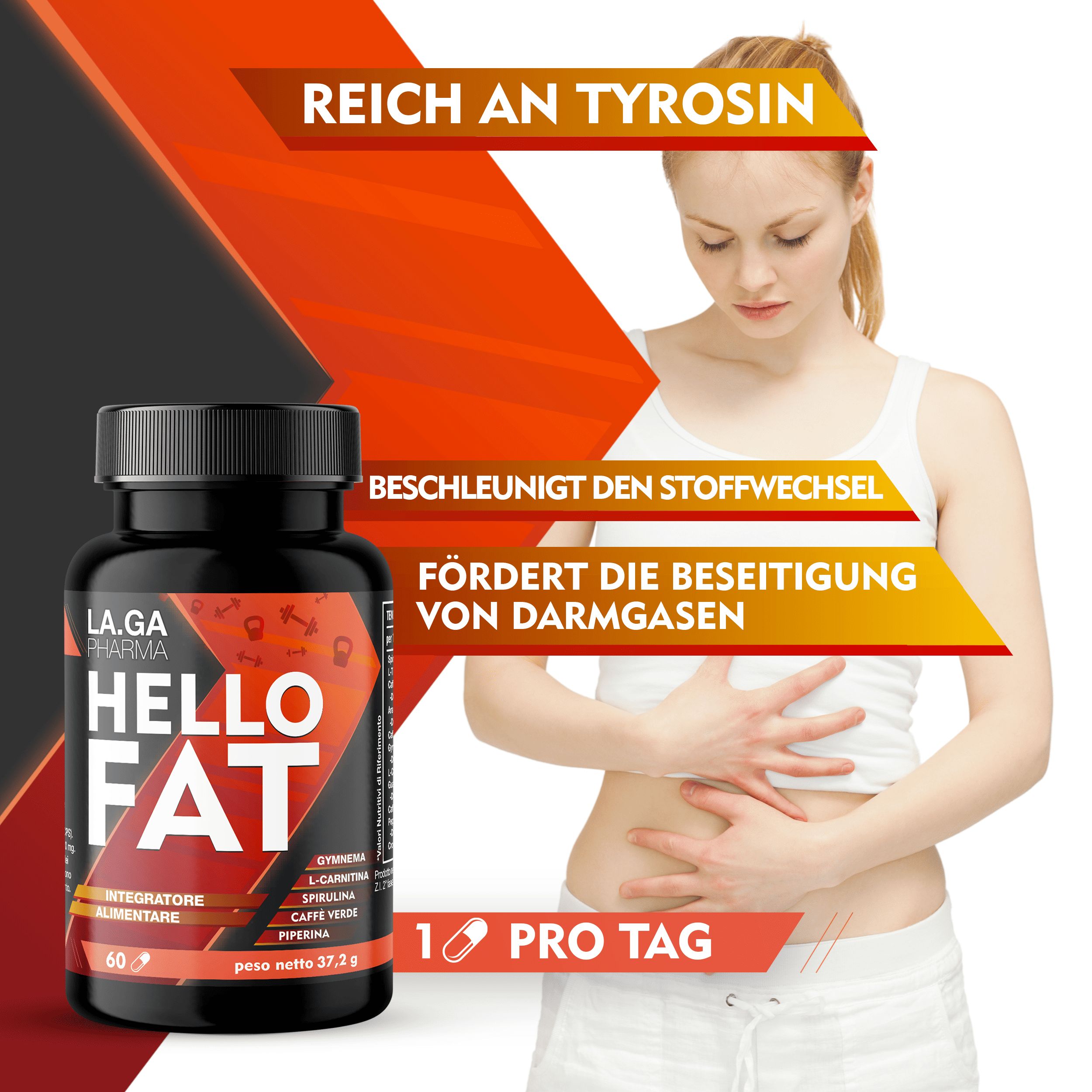 Schwarze Flasche Hello Fat. Frau berührt Bauch. Text: Reich an Tyrosin. Beschleunigt den Stoffwechsel. 1 pro Tag.