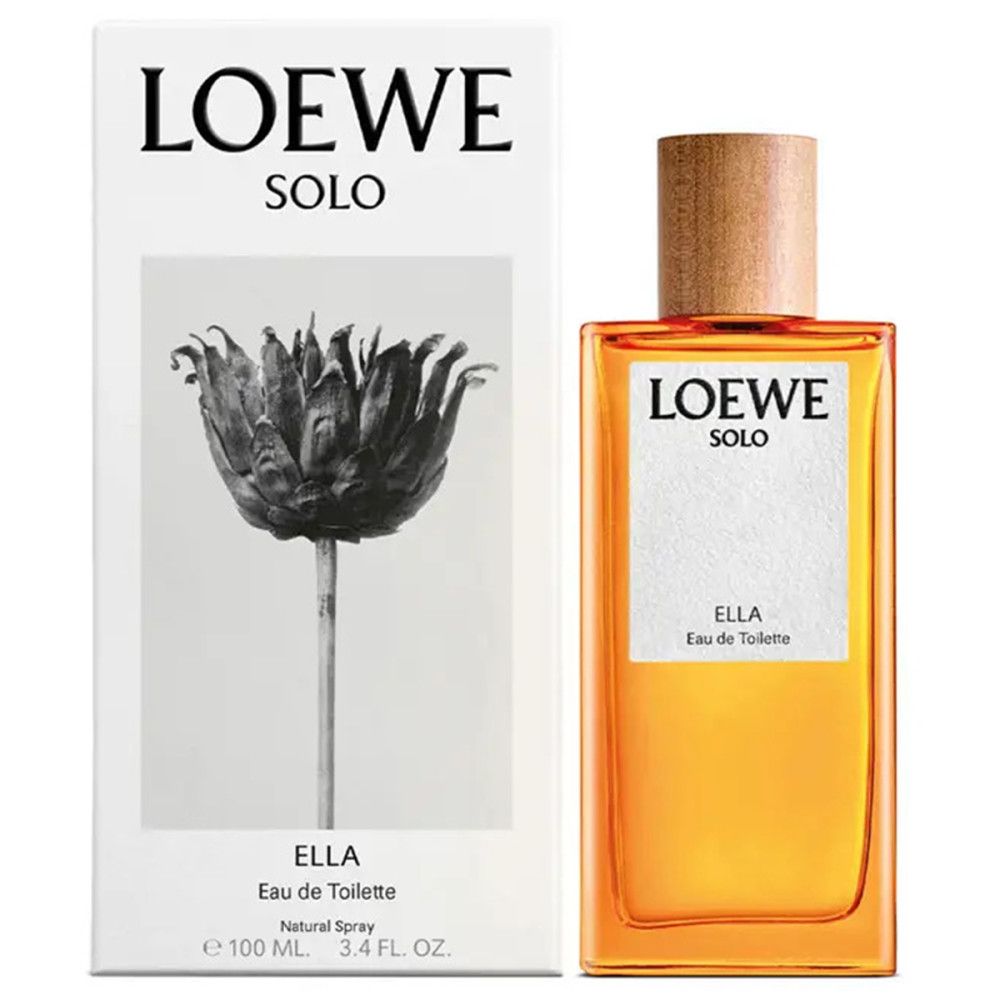 Flakon mit Holzverschluss und Verpackung. Aufschrift: LOEWE SOLO ELLA. Schwarze Blume auf der Verpackung.
